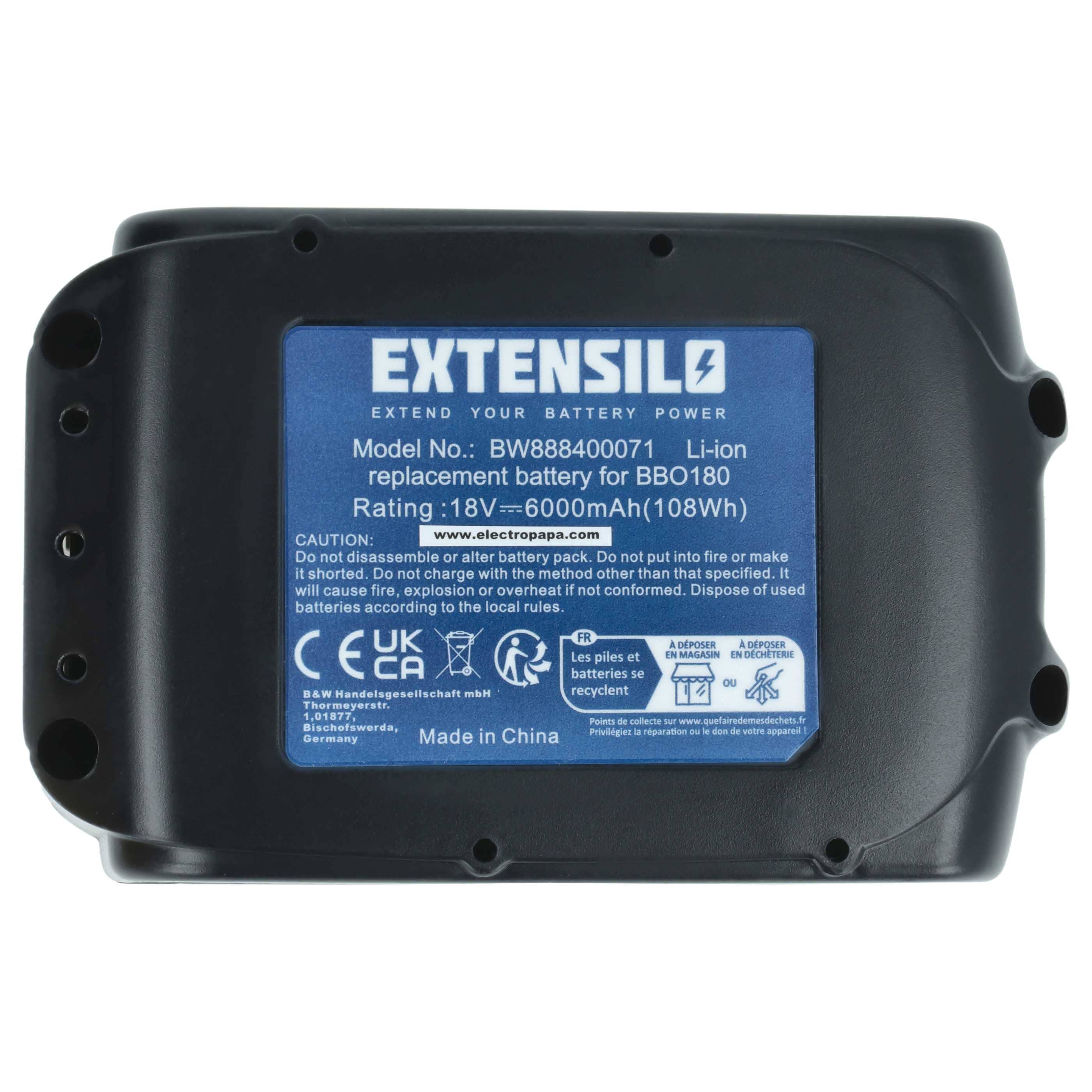 Battery replaces Makita 194309-1, 194230-4, 194205-3, 194204-5 Electric Power Tool - 6000 mAh, 18 V, Li-Ion