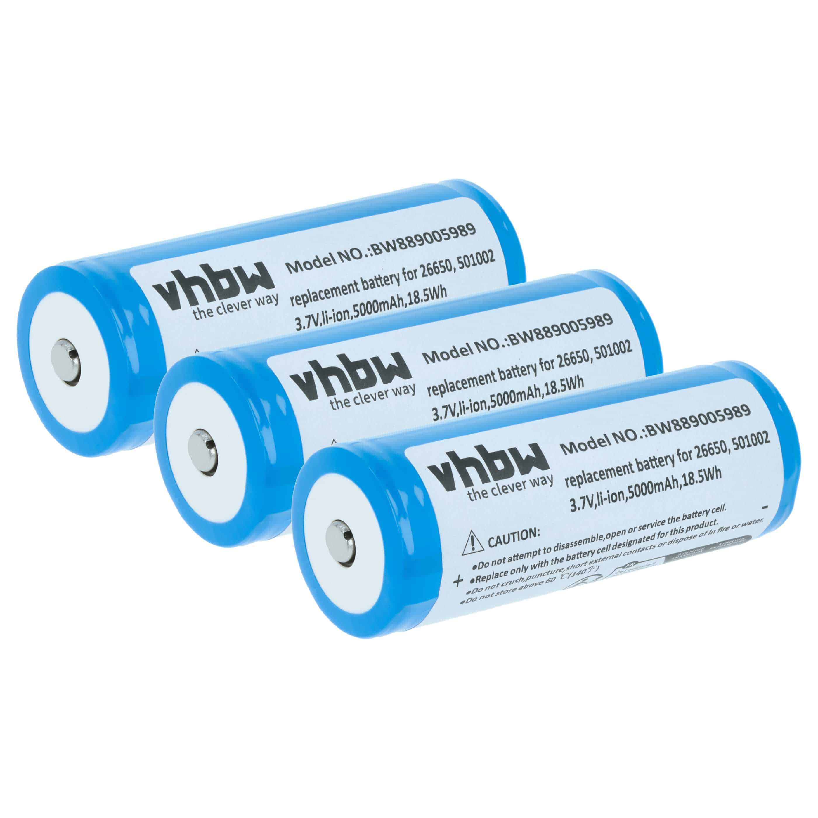 Torch - 3x Battery replaces Ledlenser 501002, 04058205009263, 26650 - 5 Ah 3.7 V Li-Ion