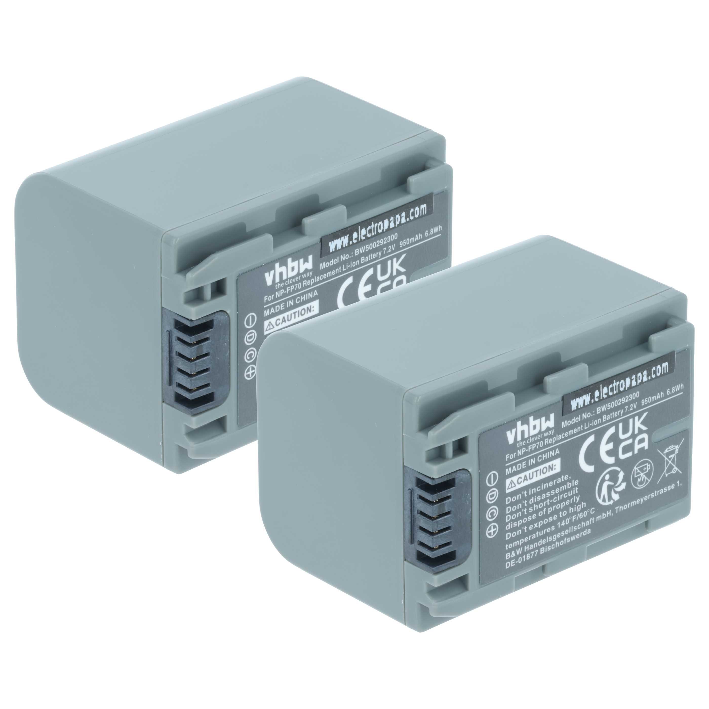 Videocamera 2x Battery replaces Sony NP-FP60, NP-FP51, NP-FP50, NP-FP30, NP-FP70 - 950 mAh 7.2 V Li-Ion