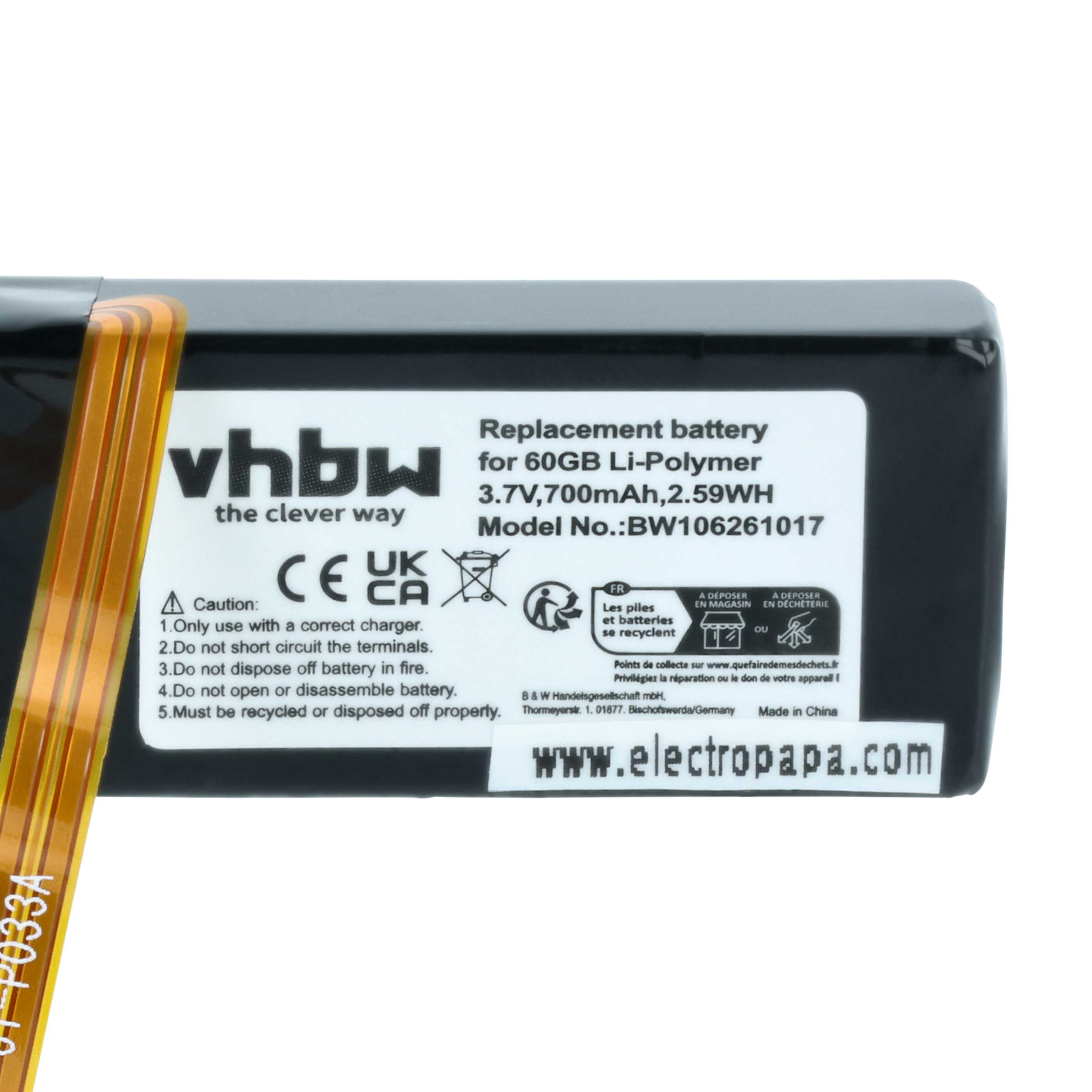 MP3-Player-Akku als Ersatz für Apple 616-0232, B5LAA, 696-0106, B6DAH für Microsoft - 700mAh 3,7V Li-Polymer