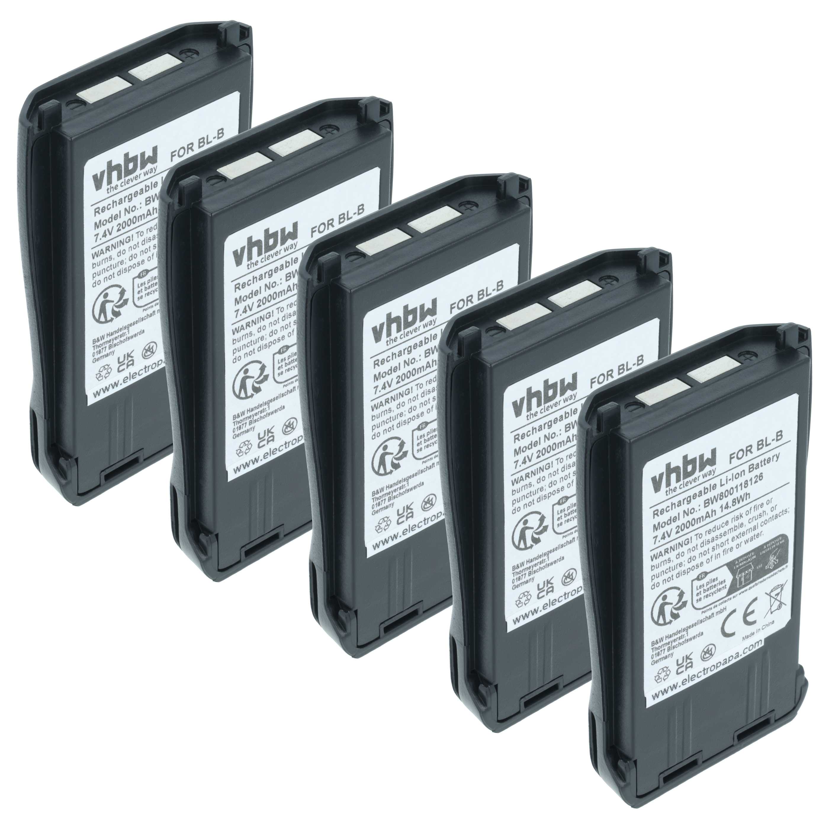 Radio 5x Battery replaces Baofeng BL-B - 2000 mAh 7.4 V Li-Ion