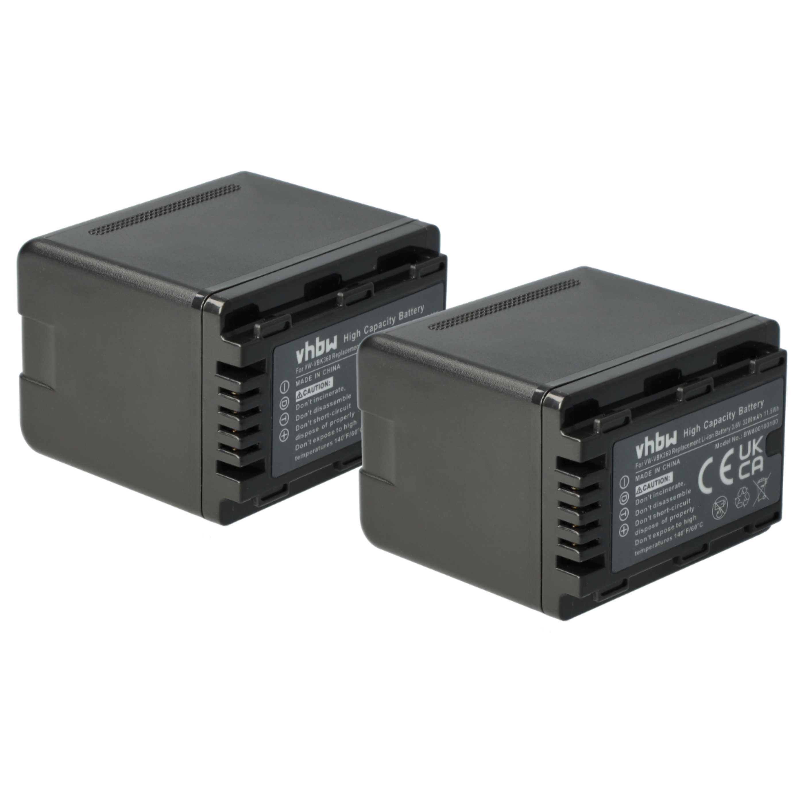 Videocamera 2x Battery replaces Panasonic VW-VBK180, VW-VBK180-K, VW-VBK360 - 3200 mAh 3.6 V Li-Ion