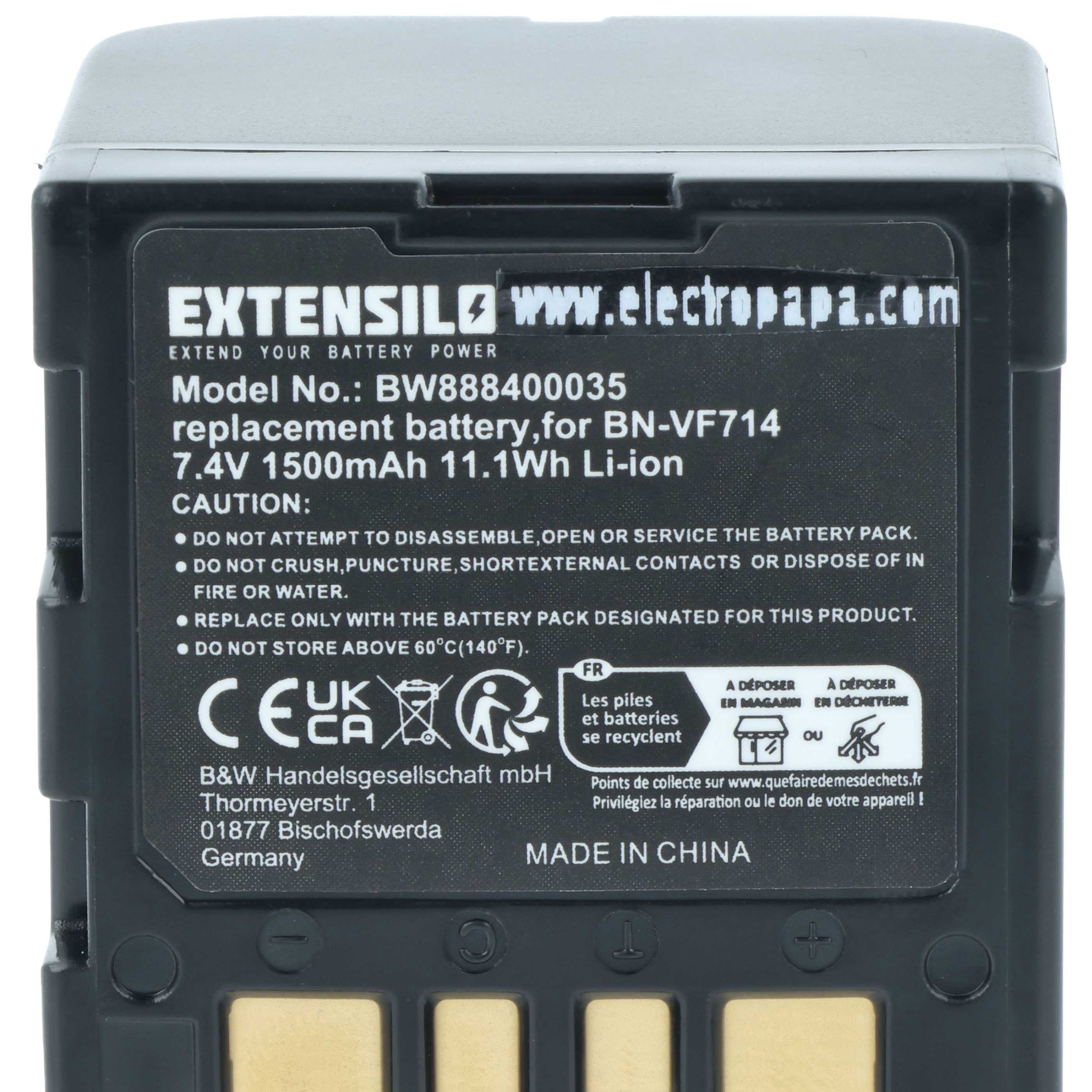 3x Battery replaces JVC BN-VF707, BN-VF707U, BN-VF714, BN-VF714U, BN-VF733, BN-VF733U - 1500mAh, 7.4V, Li-Ion