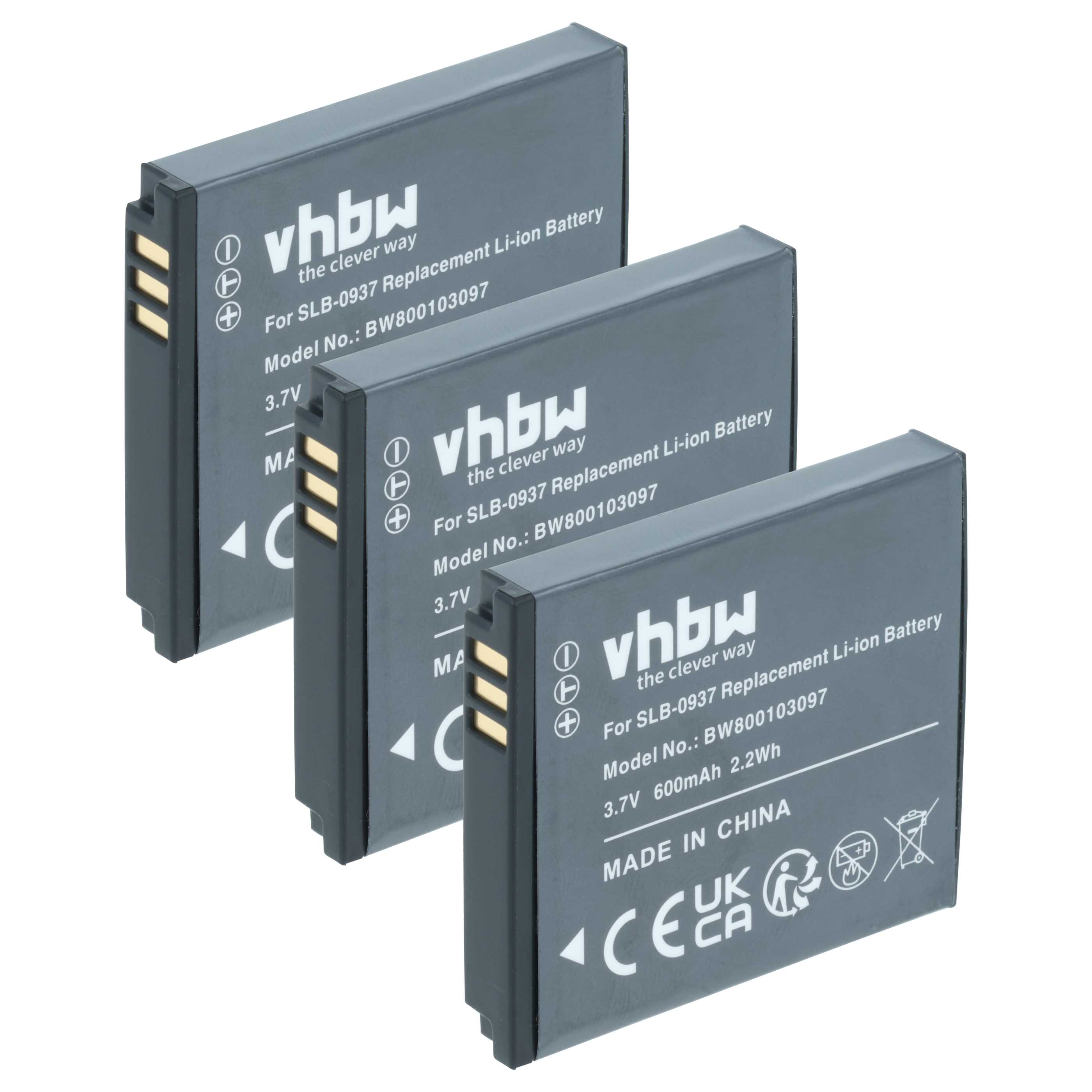 3x Battery replaces Samsung SLB-0937 - 600mAh, 3.7V, Li-Ion