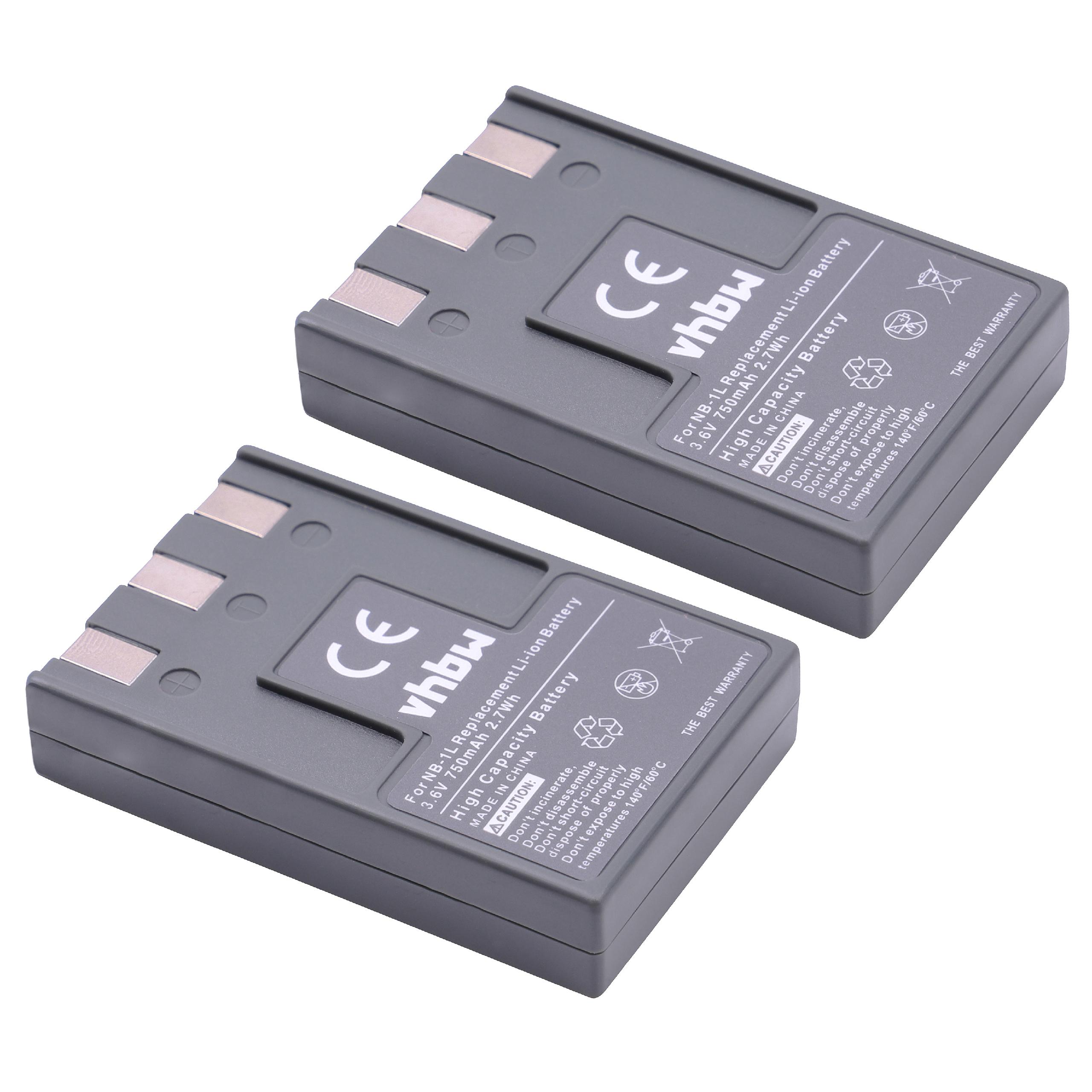 2x Batteria sostituisce Canon NB-1LH, NB-1L per fotocamera Canon - 750mAh 3,6V Li-Ion
