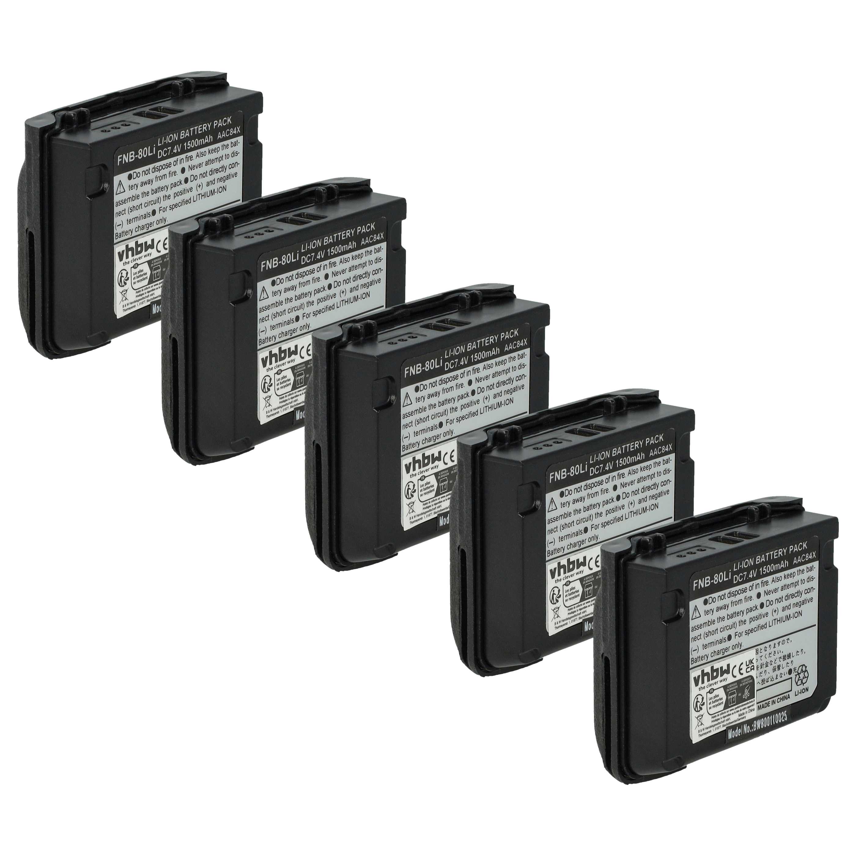 Radio 5x Battery replaces Vertex Yaesu FNB-V80li, FNB-80Li - 1500 mAh 7.4 V Li-Ion
