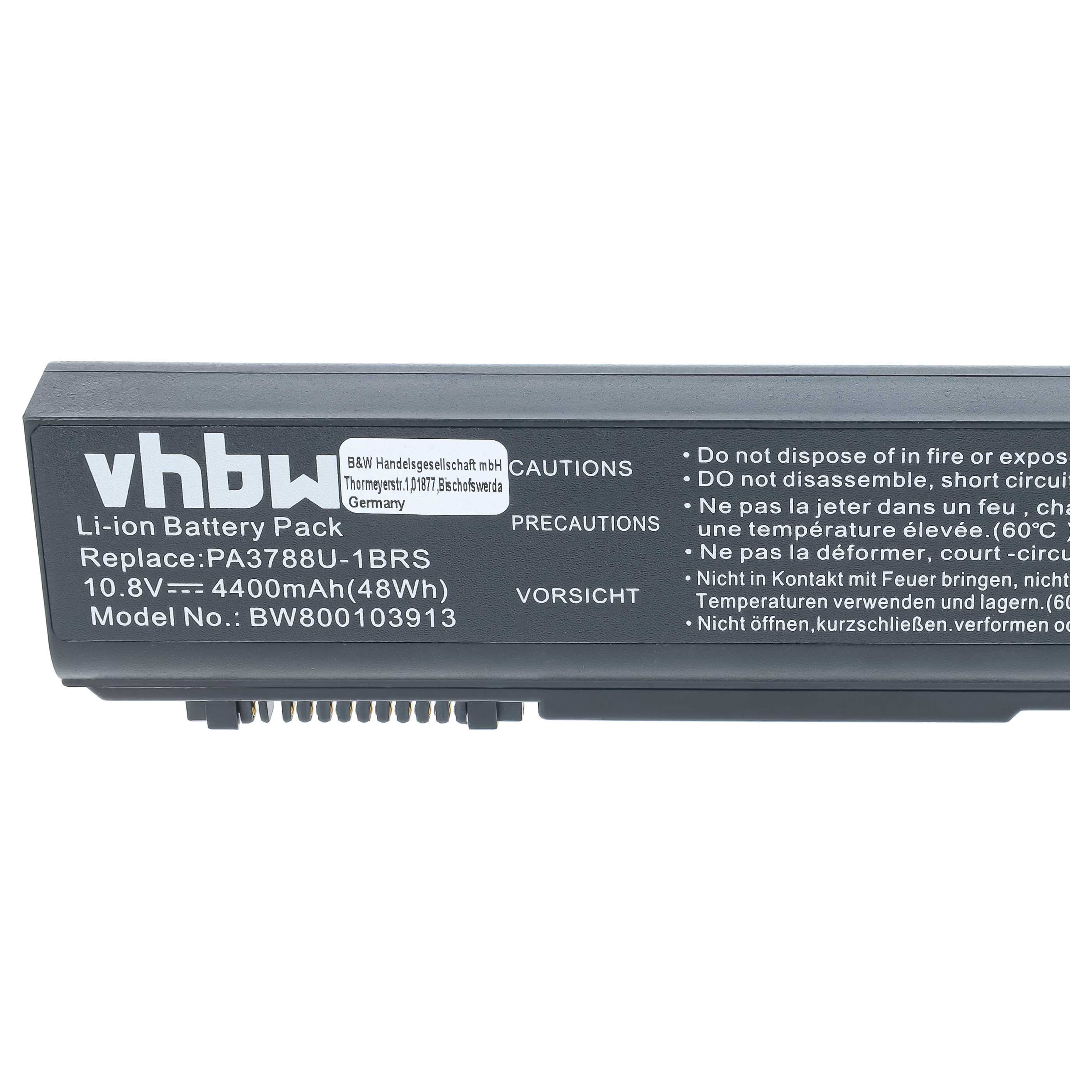 Batería recargable reemplaza Toshiba PA3788, PA3788U-1BRS para notebook - 4400 mAh 10,8 V Li-Ion negro