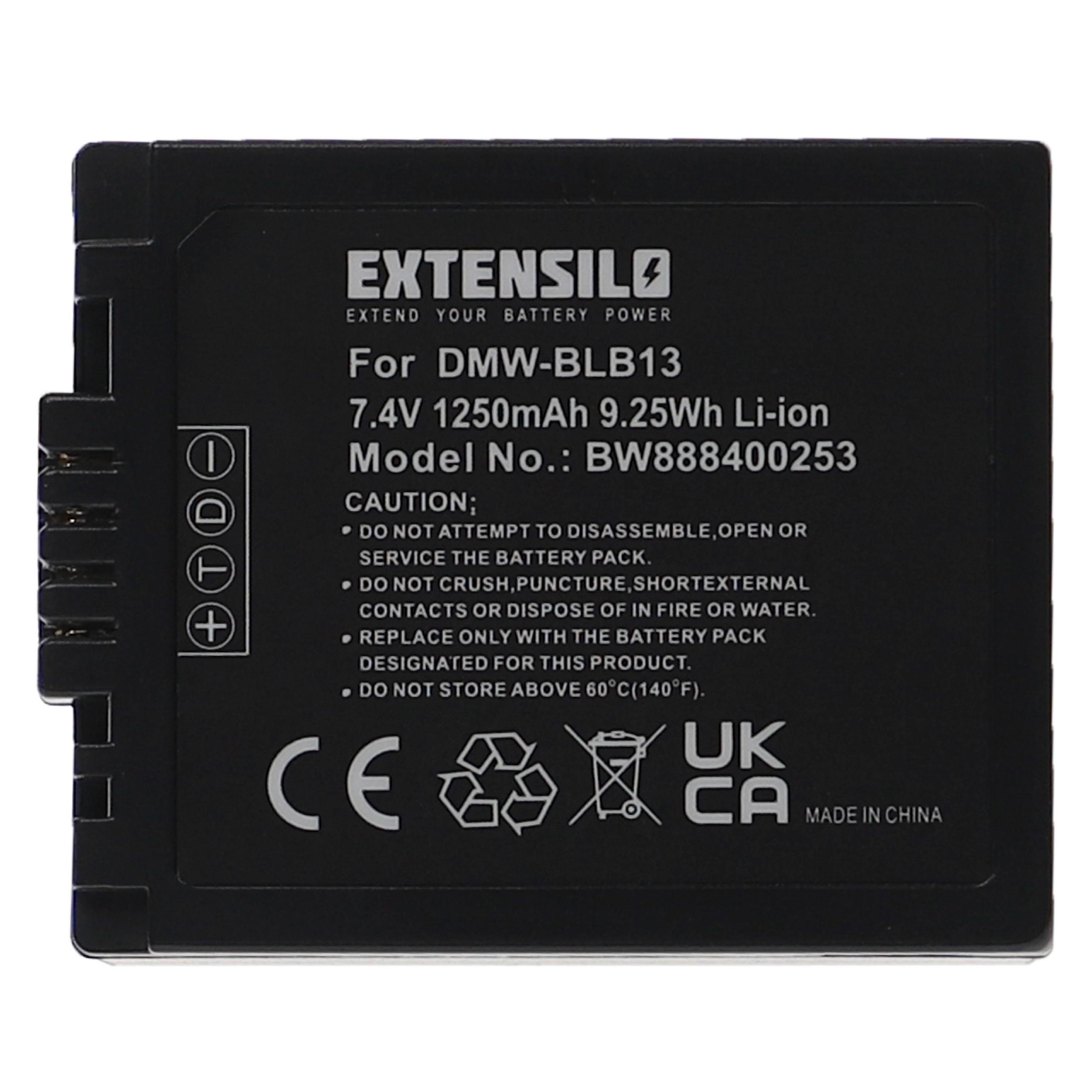 Batterie remplace Panasonic DMW-BLB13, DMW-BLB13E, DMW-BLB13GK pour appareil photo - 1250mAh 7,4V Li-ion