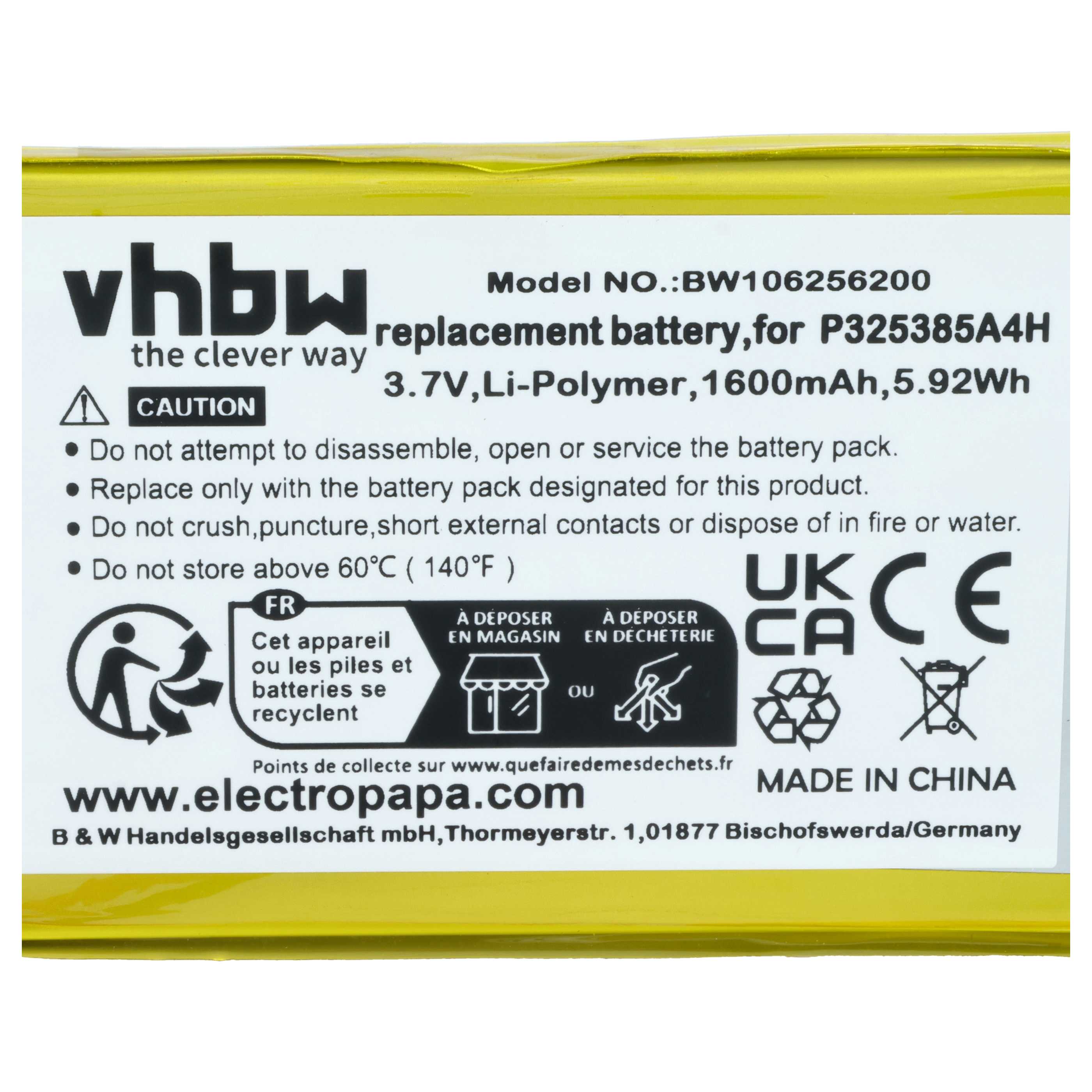 MP3-Player Battery replaces Apple UP325385A4H, P325385A4H - 1600 mAh 3.7 V Li-polymer