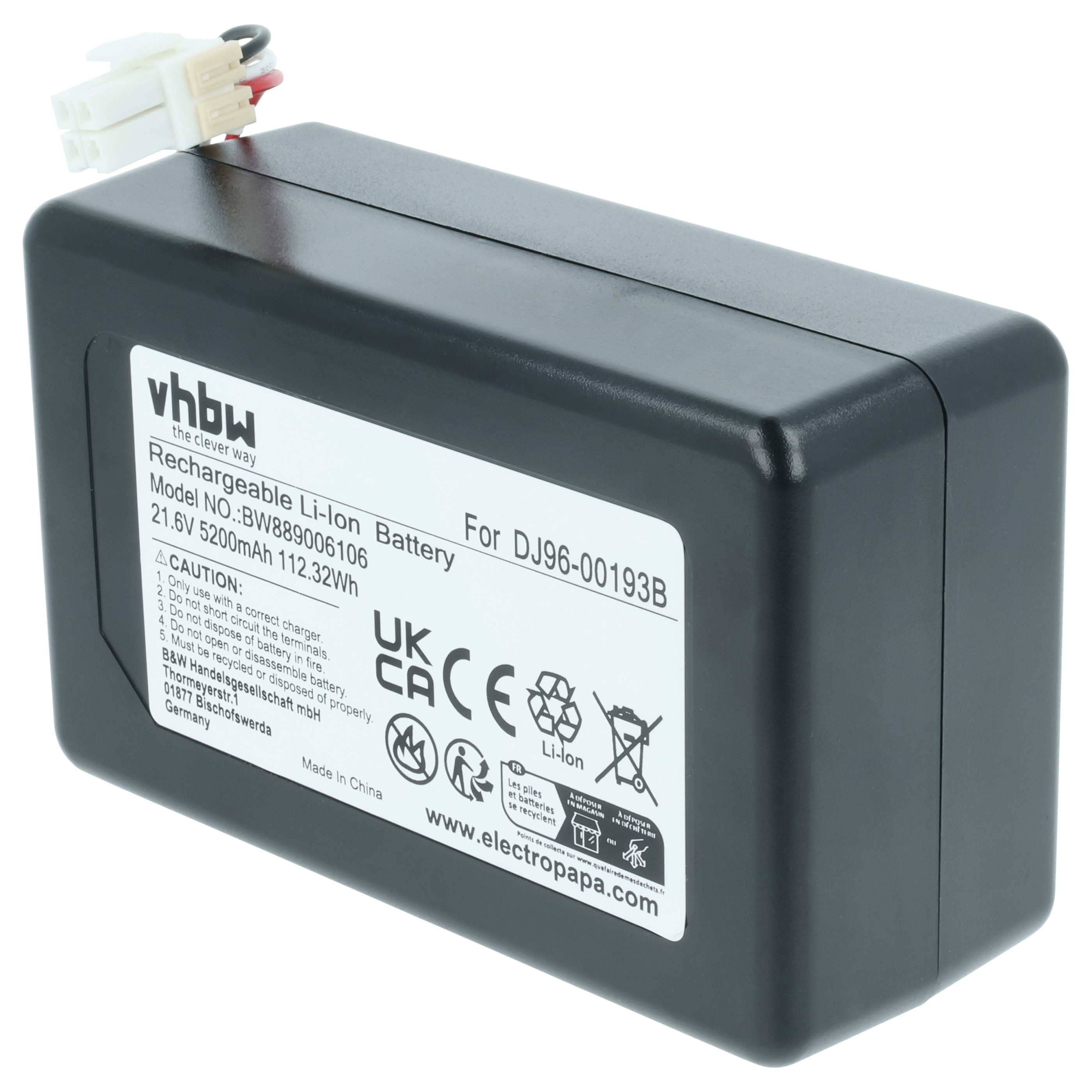 Battery replaces Samsung DJ96-00193F, DJ96-00193B, DJ68-00741V-00, VCA-RBT72 for Samsung 5200mAh, 21.6V, Li-Ion