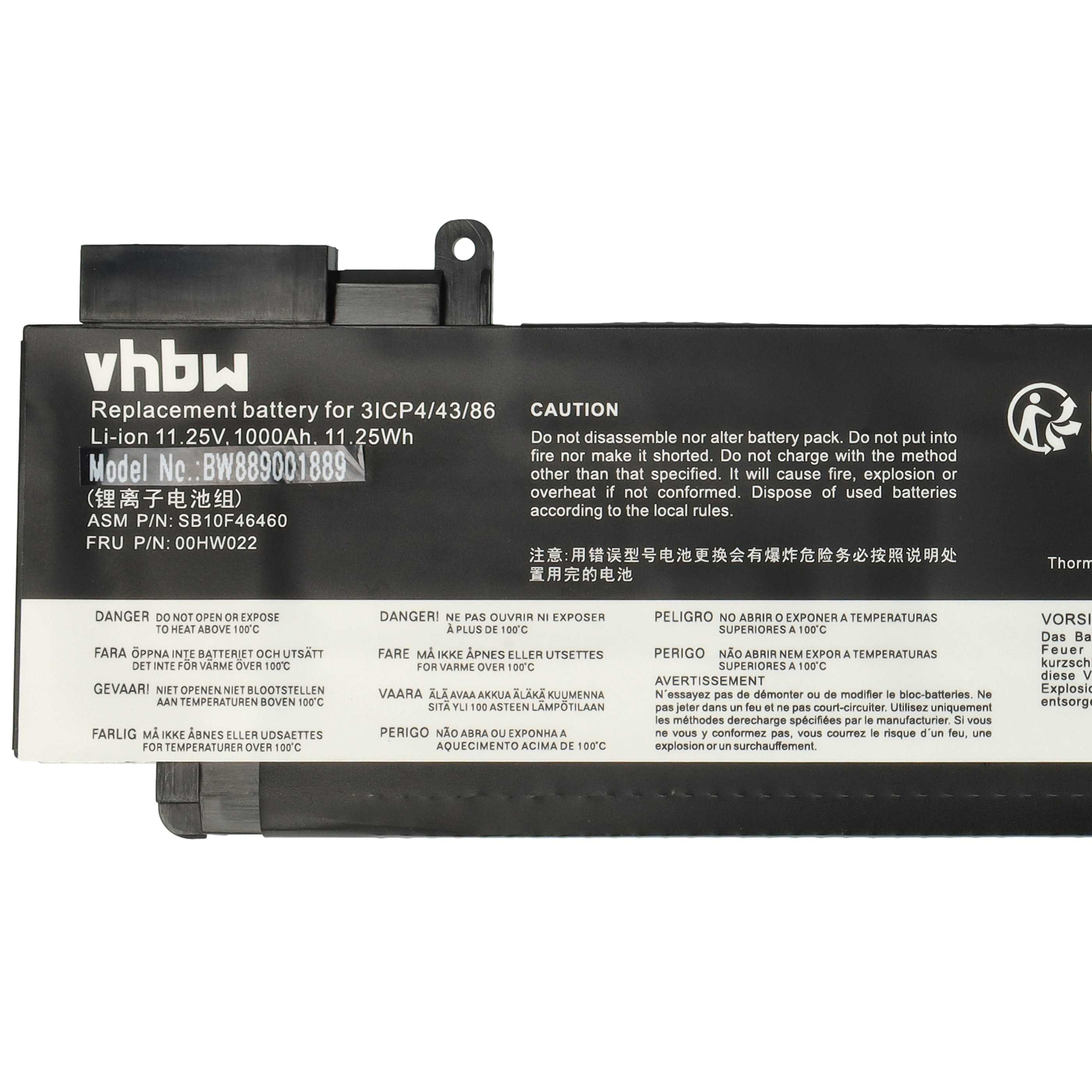 Batterie remplace Lenovo 00HW022, 00HW023, 00HW024 pour ordinateur portable - 1000mAh 11,25V Li-polymère