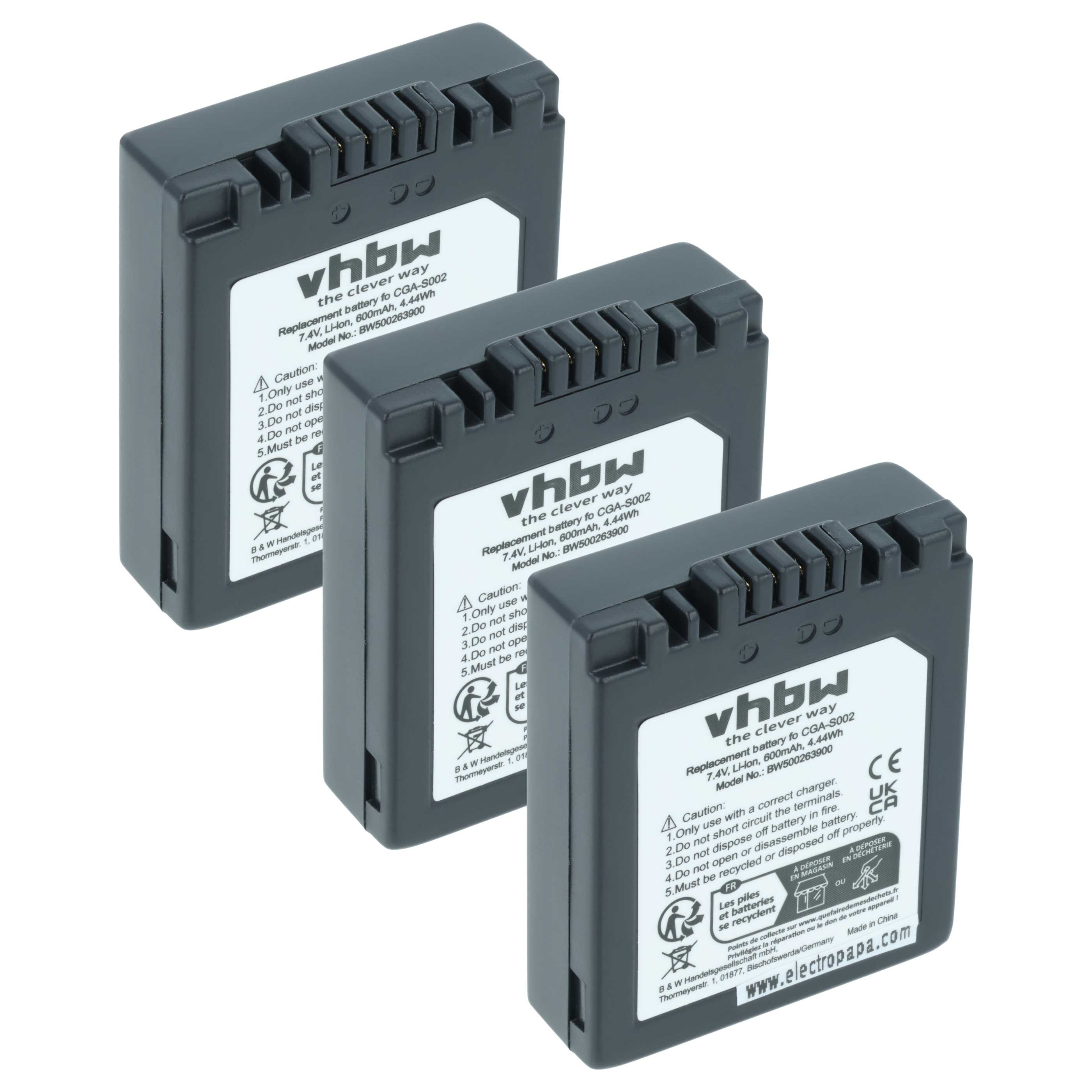 3x Battery replaces Panasonic CGA-S002A/1B, CGA-S002E, CGA-S002, CGA-S002A, CGA-S001HH - 550mAh, 7.2V, Li-Ion