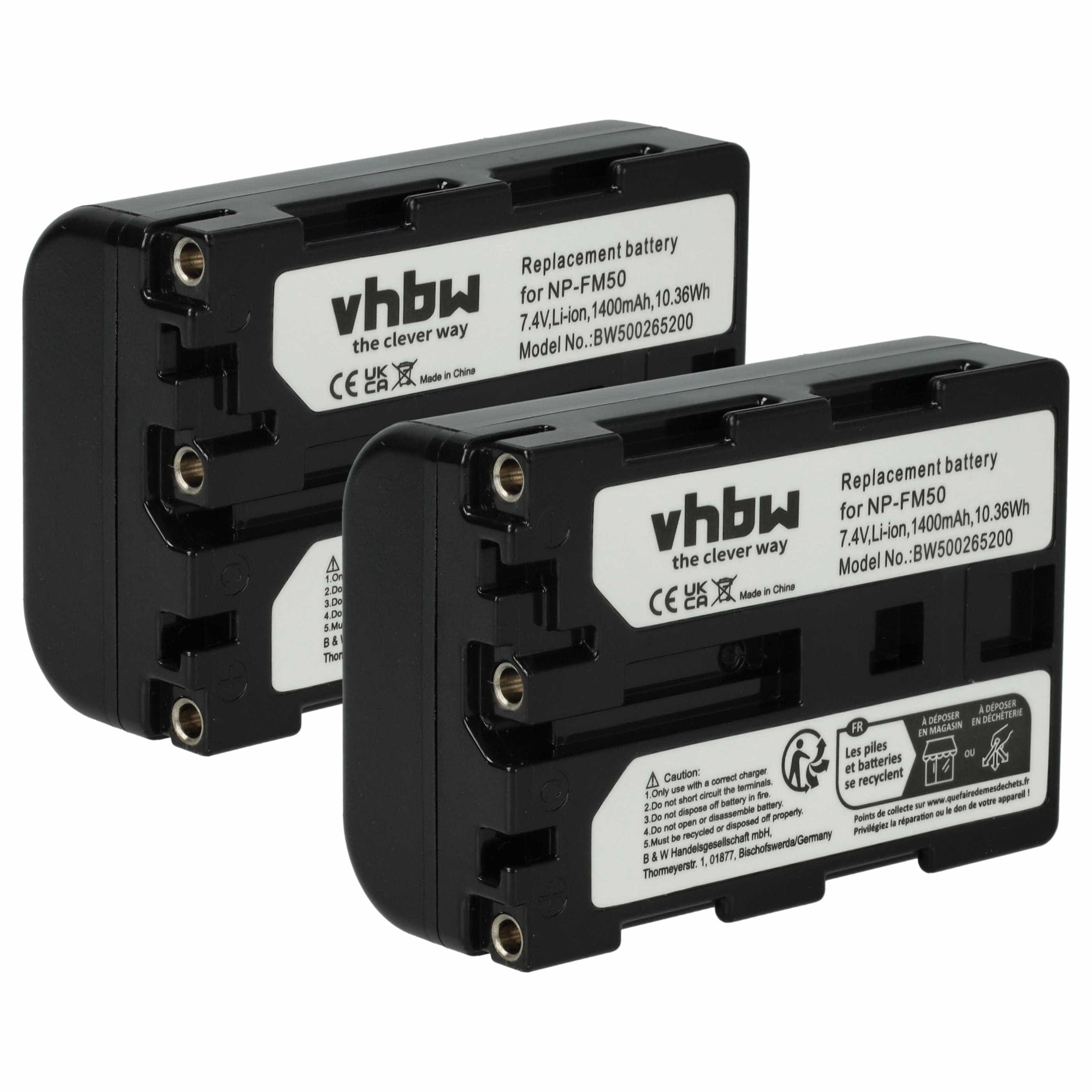 Videocamera 2x Battery replaces Sony NP-FM30, NP-FM50, NP-FM70, NP-FM90, NP-FM91 - 1400 mAh 7.4 V Li-Ion