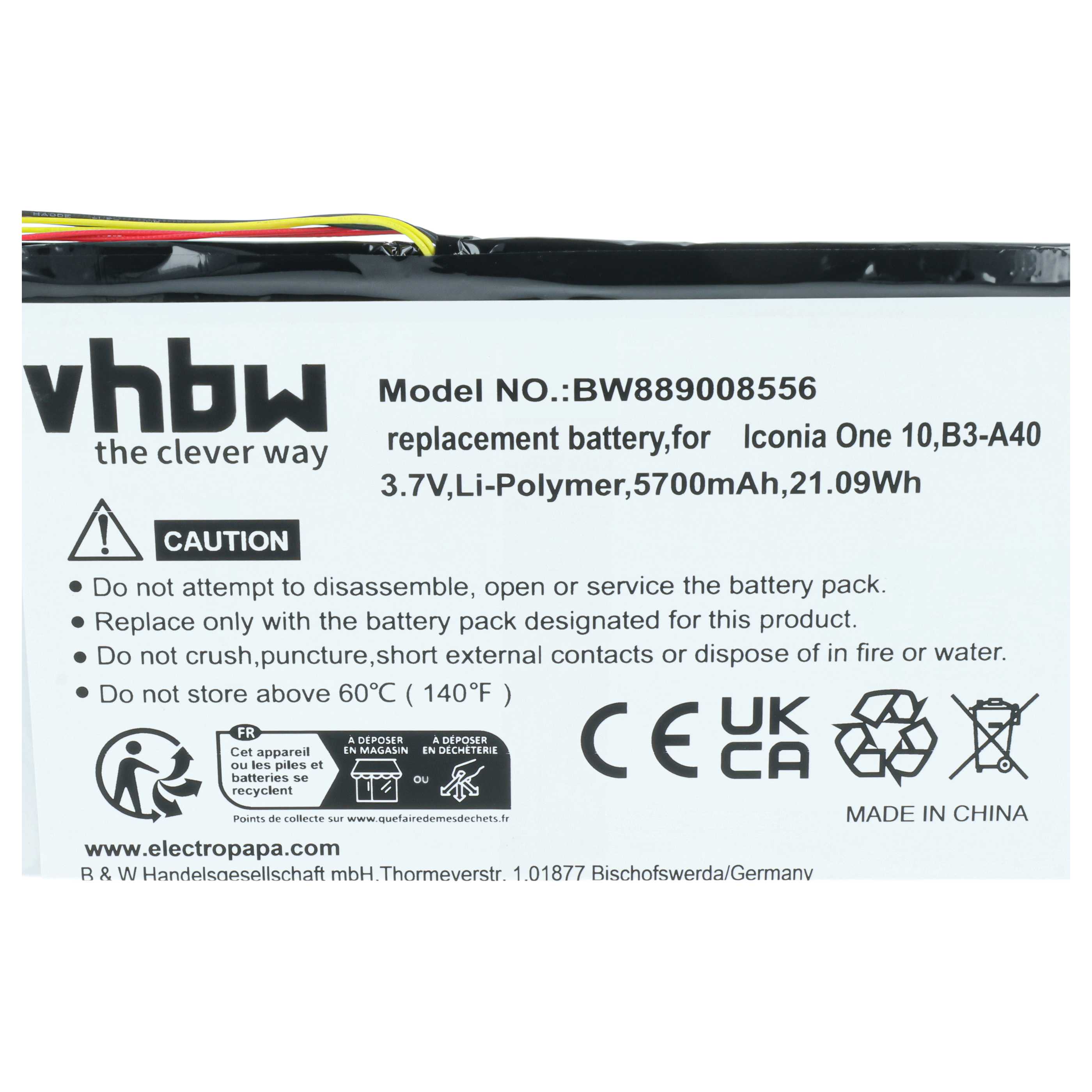 Tablet Battery replaces Acer PR-279594N(1ICP3/95/94-2), PR-279594N - 5700 mAh 3.7 V Li-polymer