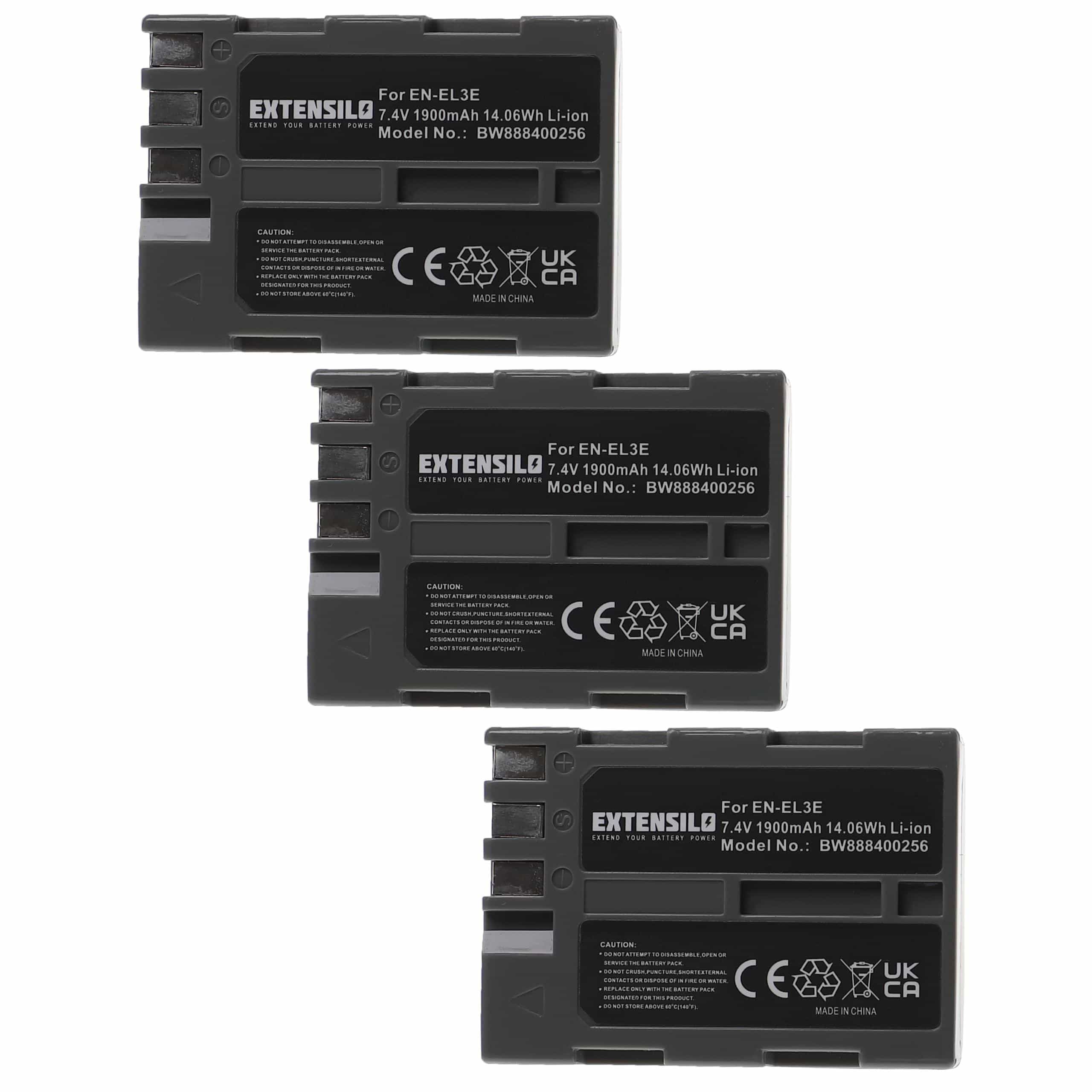 3x Battery replaces Nikon EN-EL3e - 1900mAh, 7.4V, Li-Ion