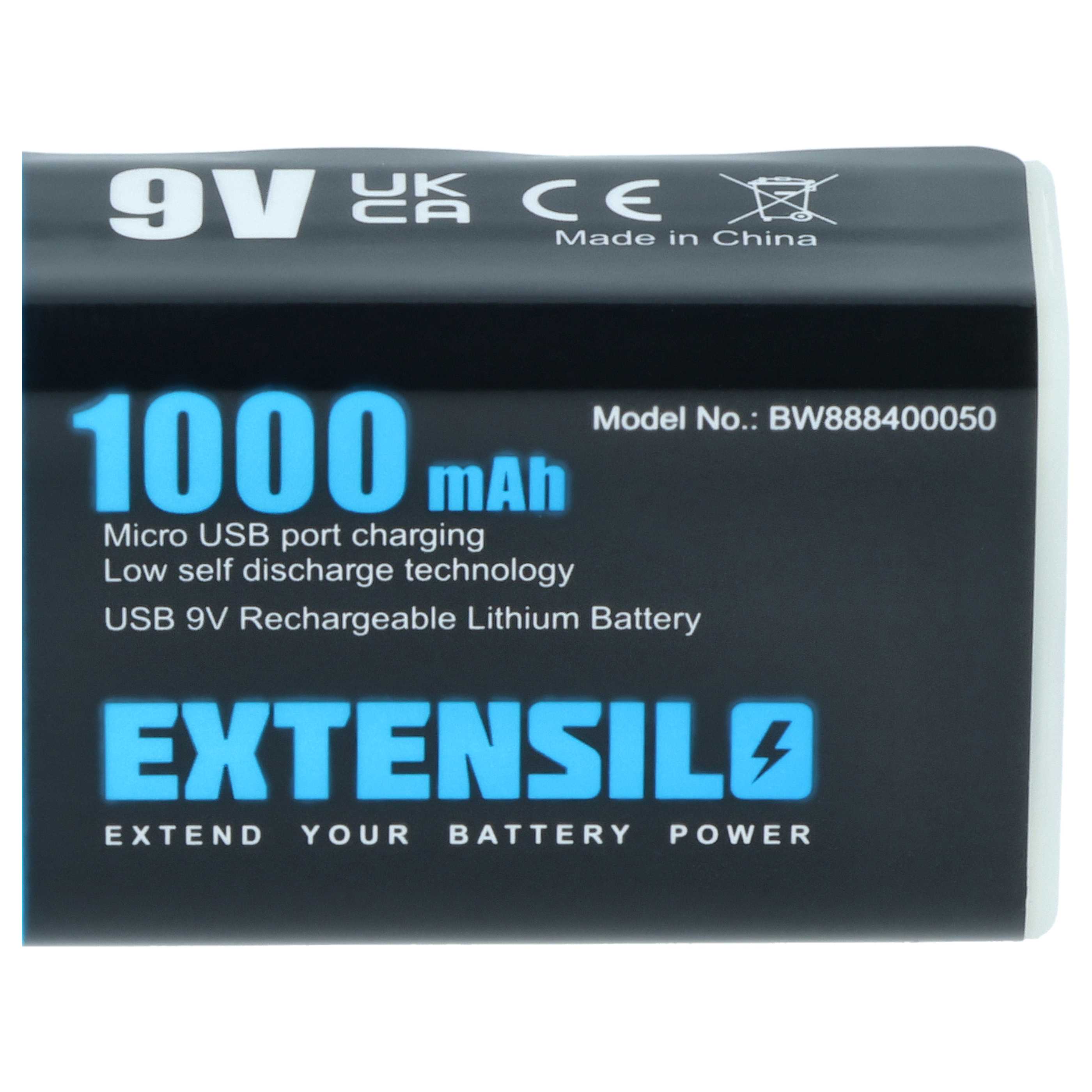 9V Block 4x Battery replaces Daitem BATV13 Alarm Systems & Various Devices - 1 Ah 9 V Li-Ion + Micro USB Port