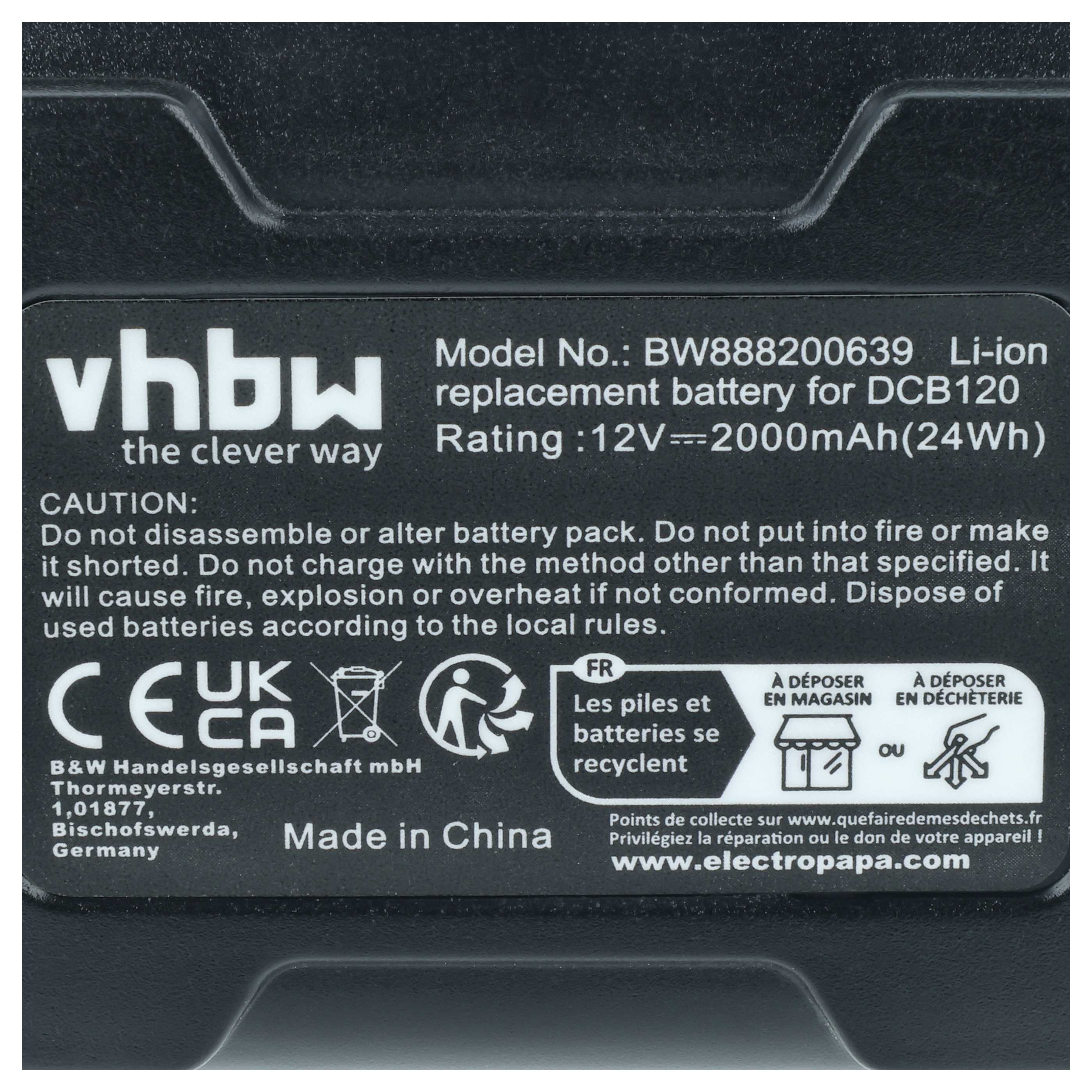 Batteria sostituisce Dewalt DCB127, DCB125, DCB123, DCB121, DCB120 per attrezzo - 2000mAh 12V Li-Ion