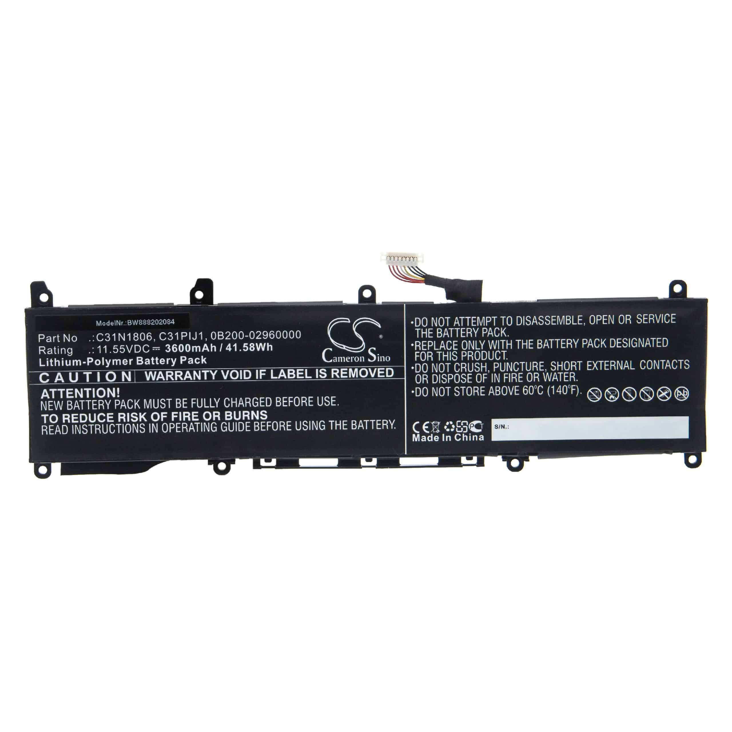 Batterie remplace Asus 0B200-02960000 pour ordinateur portable - 3600mAh 11,55V Li-polymère, noir