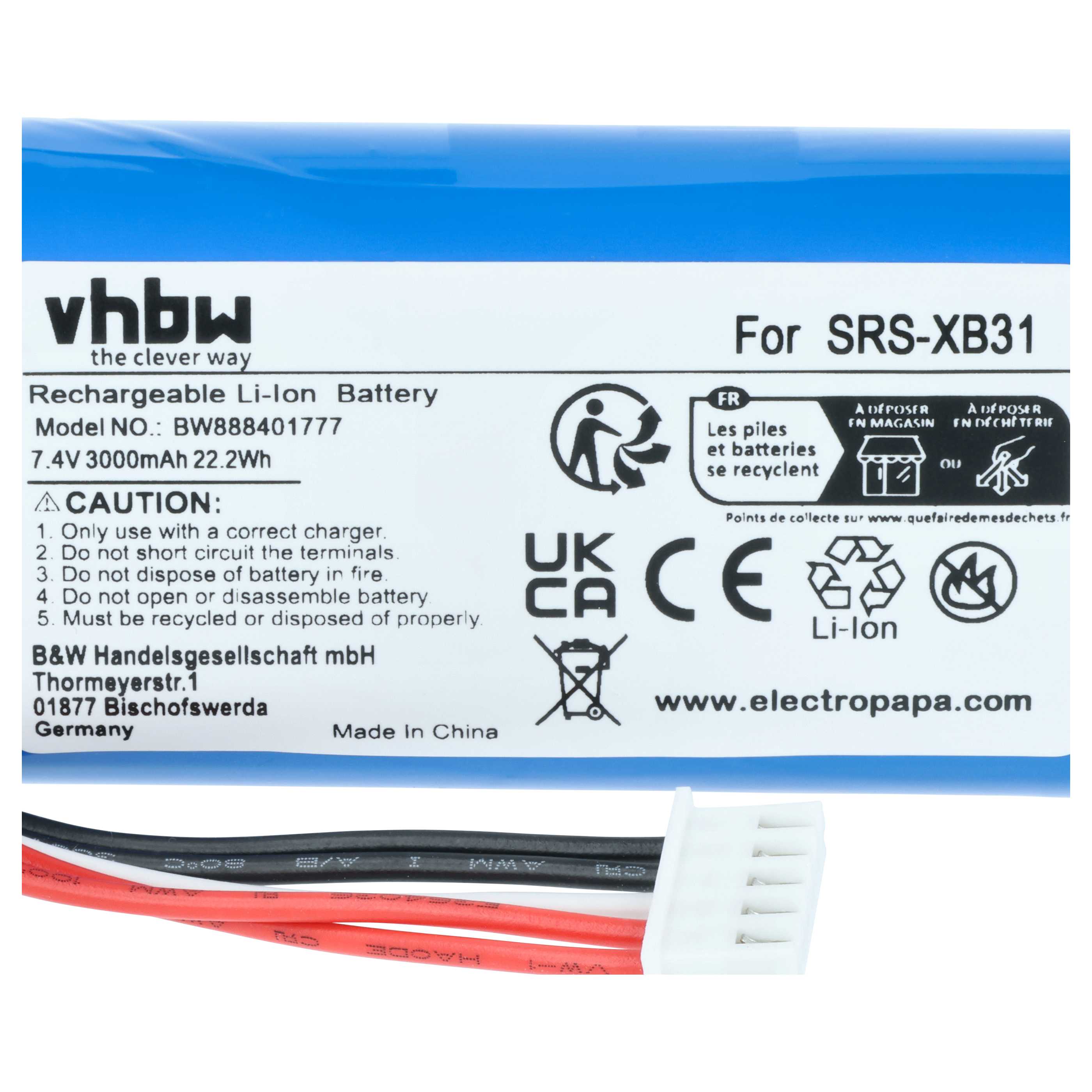Batteria sostituisce Sony ID1057, IAJ002NA, ST-06 per altoparlanti - 3000mAh 7,4V Li-Ion