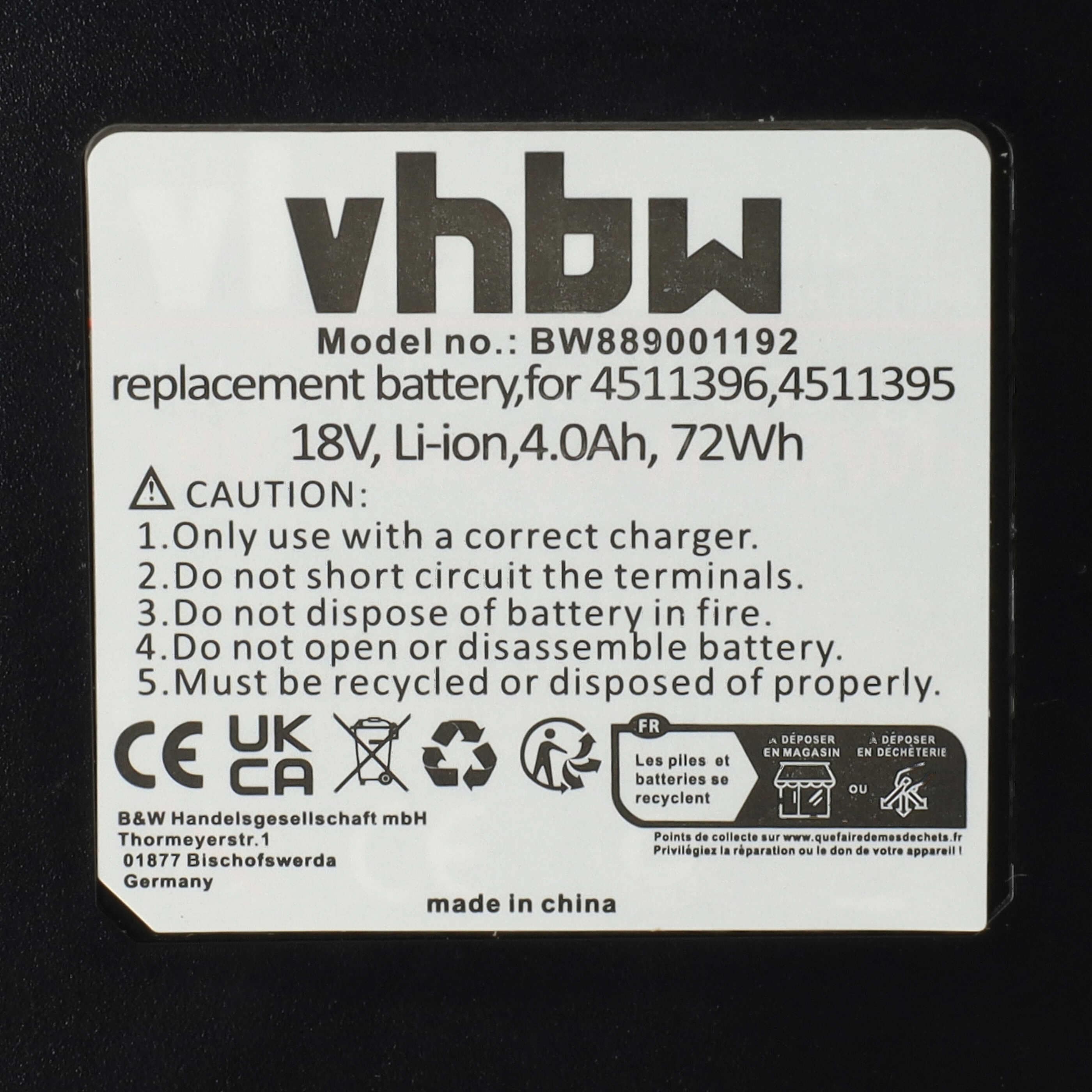 Battery replaces Einhell 45.114.36, 4511437, 4511396, 4511395 Electric Power Tool - 4000 mAh, 18 V, Li-Ion