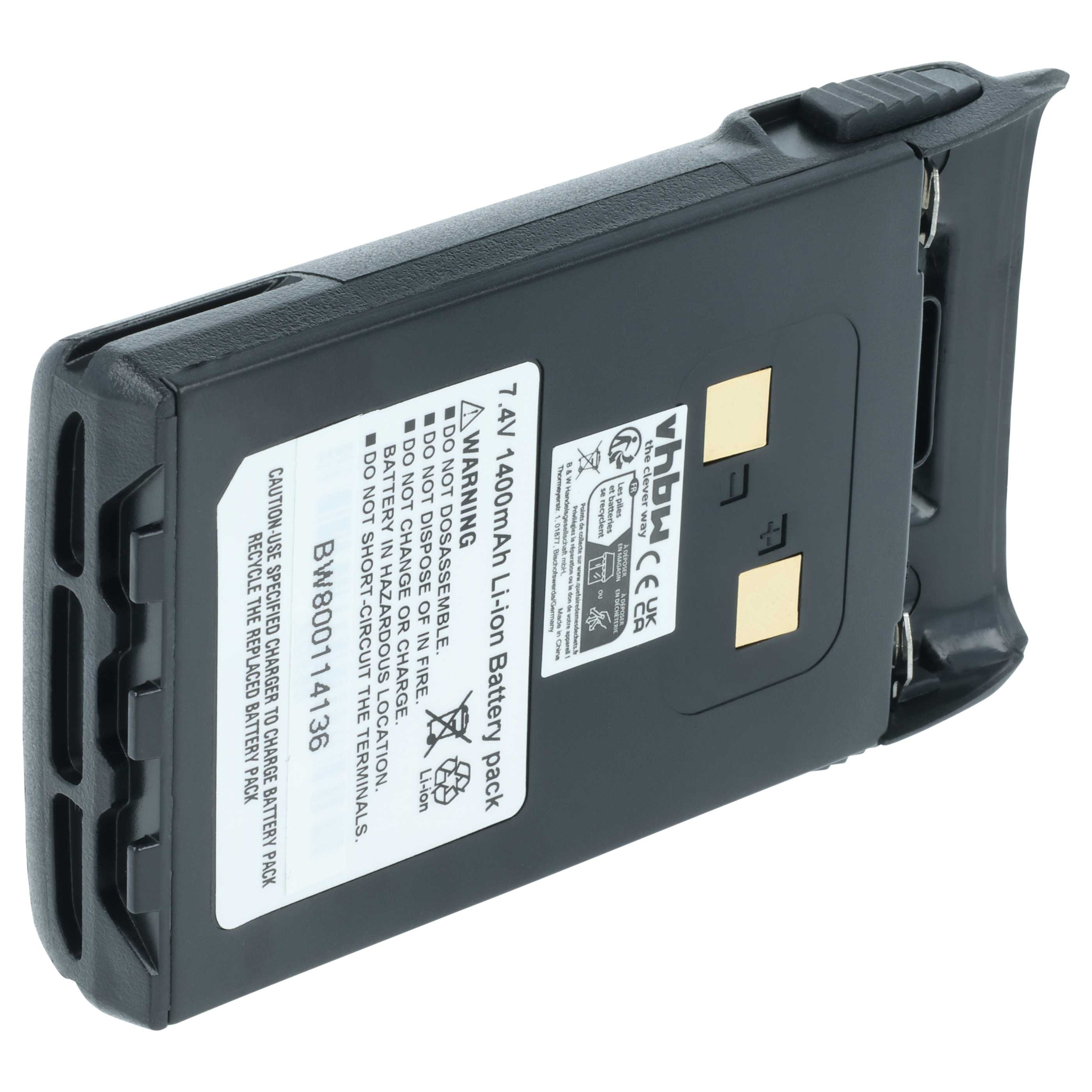 Radio Battery replaces BLO-004, BLO-007, BLO-001 - 1400 mAh 7.4 V Li-Ion + Belt Clip