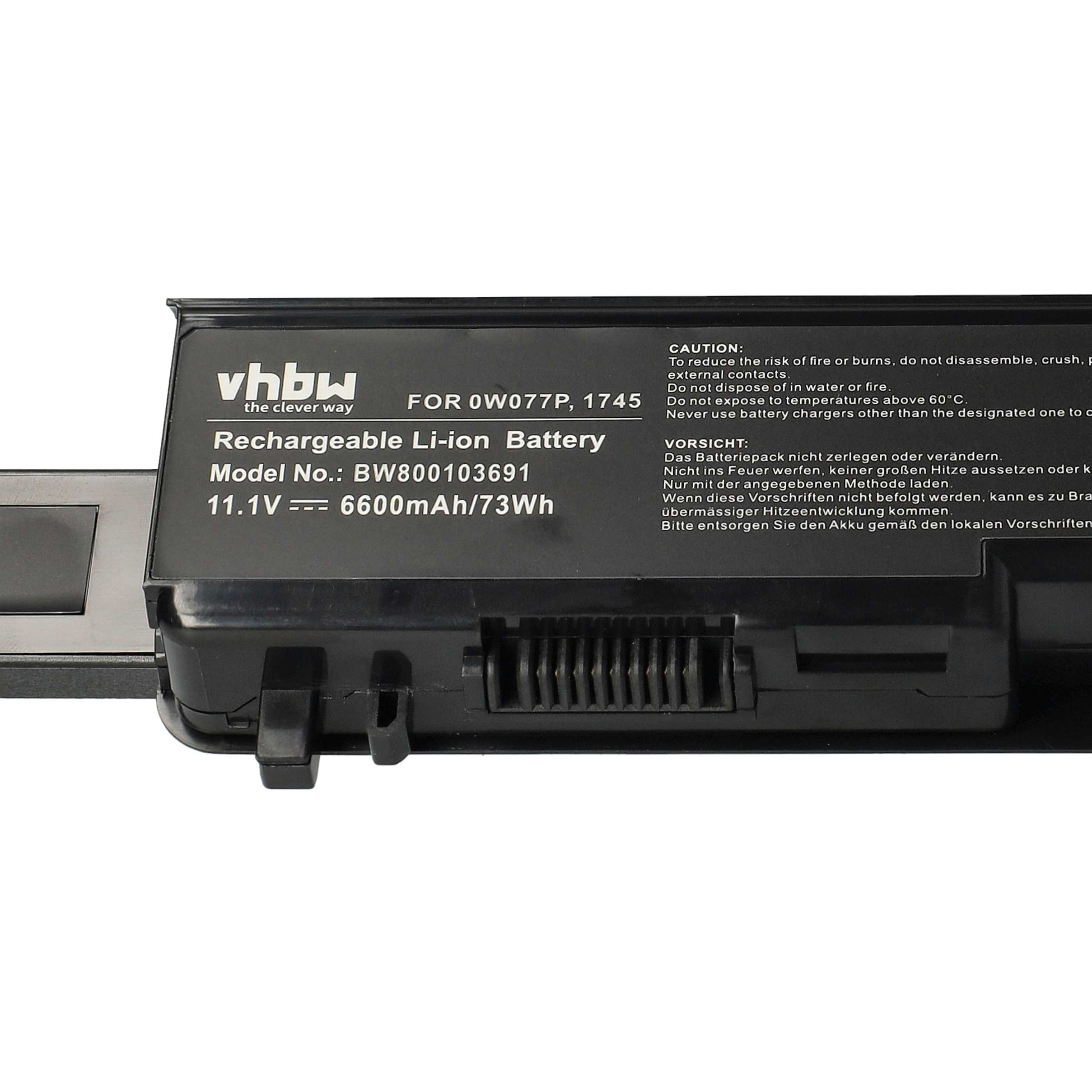 Batterie remplace Dell 312-0196, 312-0186, 0W077P pour ordinateur portable - 6600mAh 11,1V Li-ion, noir