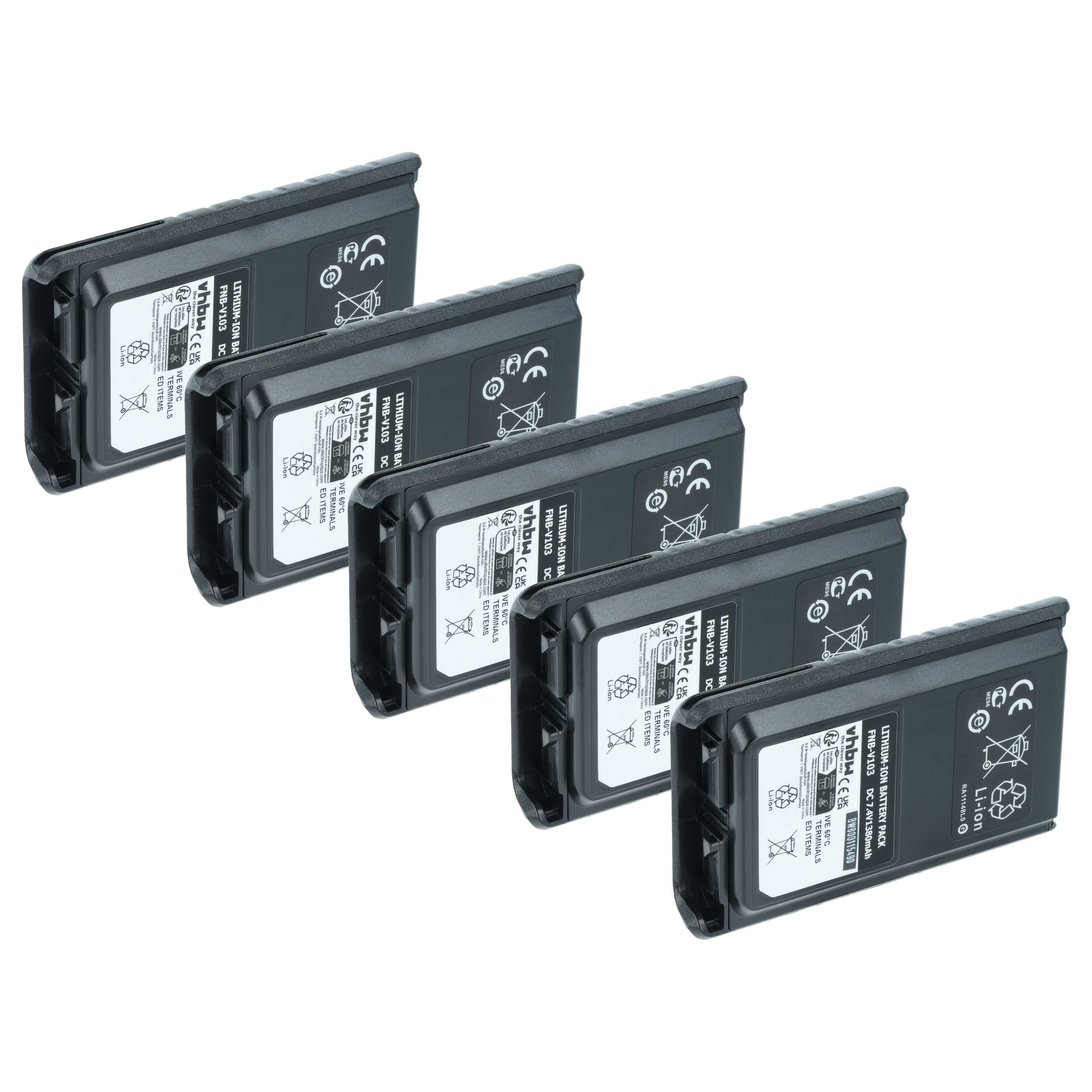 Akku (5 Stück) als Ersatz für Yaesu Vertex FNB-V103 für Vertex Yaesu für Funkgerät - 1380mAh 7,4V Li-Ion