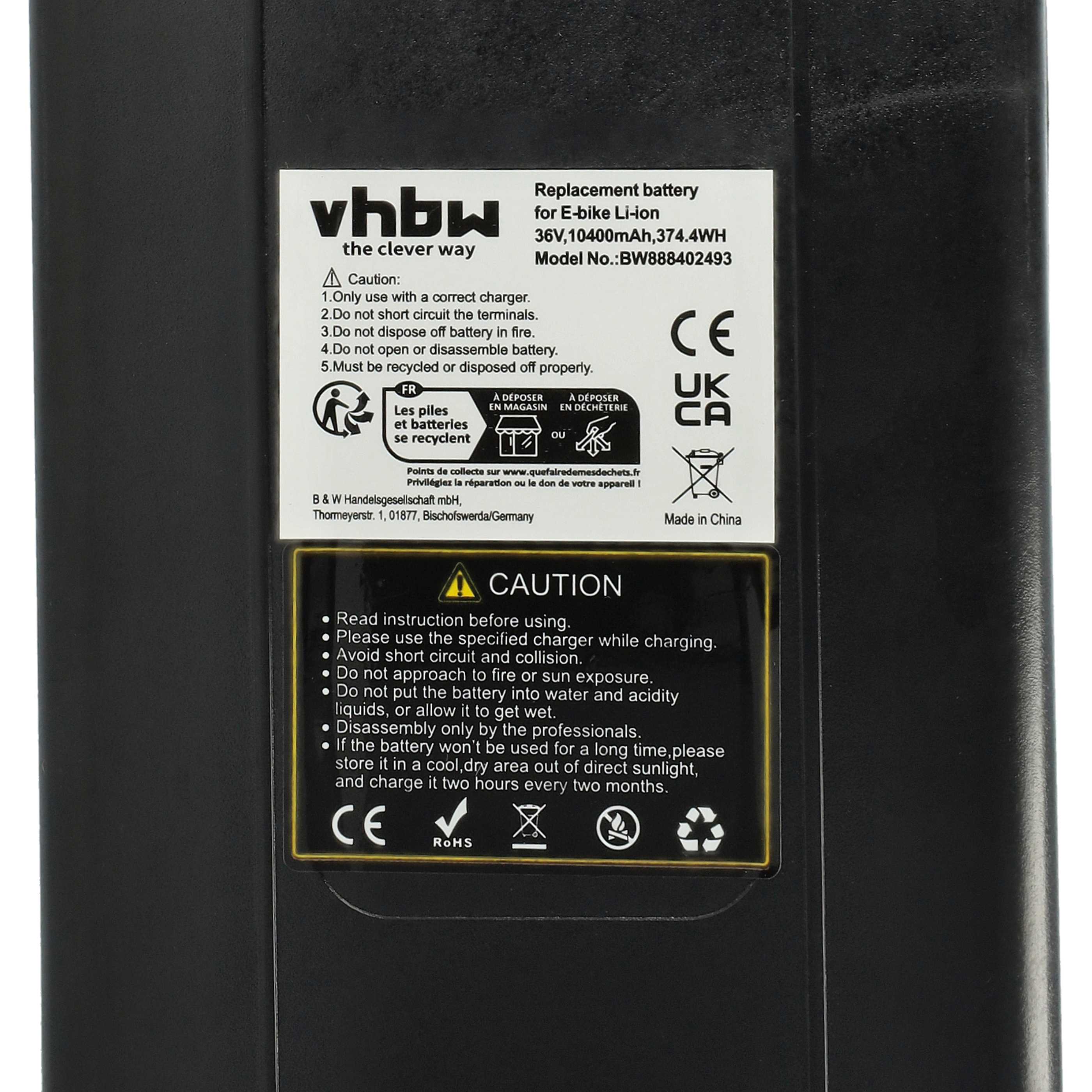 E-Bike Battery Replacement for Ansmann 10INR18/65-4, KL36H53B, KL36H92B - 10.4 Ah 36 V Li-Ion, black