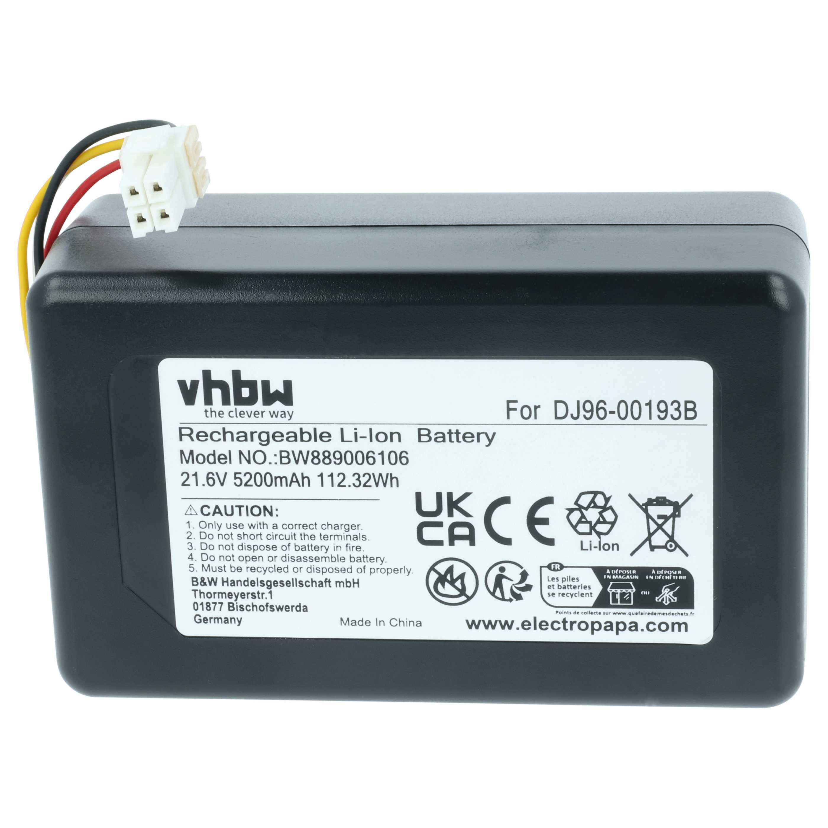 Battery replaces Samsung DJ96-00193F, DJ96-00193B, DJ68-00741V-00, VCA-RBT72 for Samsung 5200mAh, 21.6V, Li-Ion