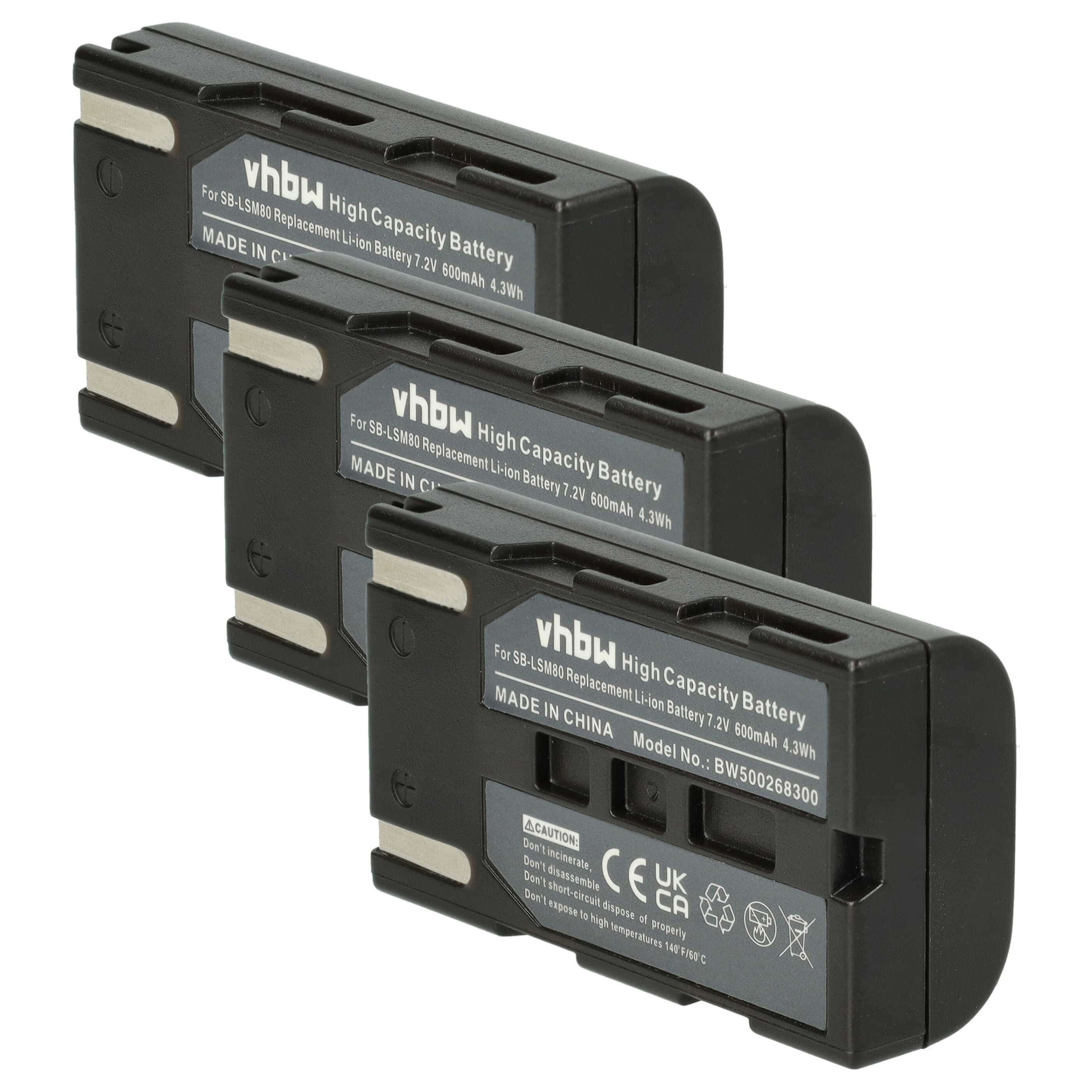 Videocamera 3x Battery replaces Samsung SB-LSM160, SB-LSM320, SB-LSM80 - 600 mAh 7.2 V Li-Ion