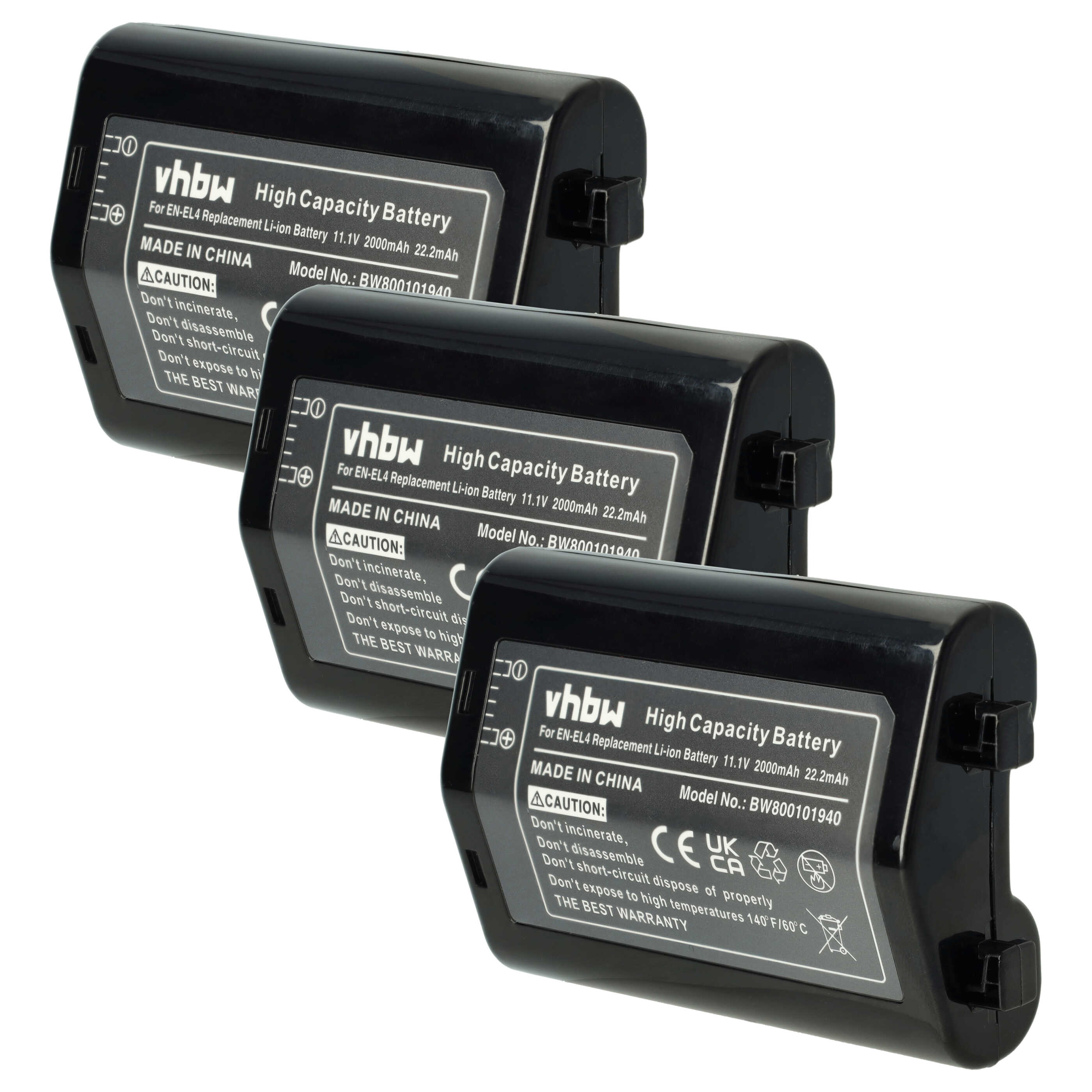 3x Battery replaces Nikon EN-EL4, EN-EL4a - 2000mAh, 11.1V, Li-Ion