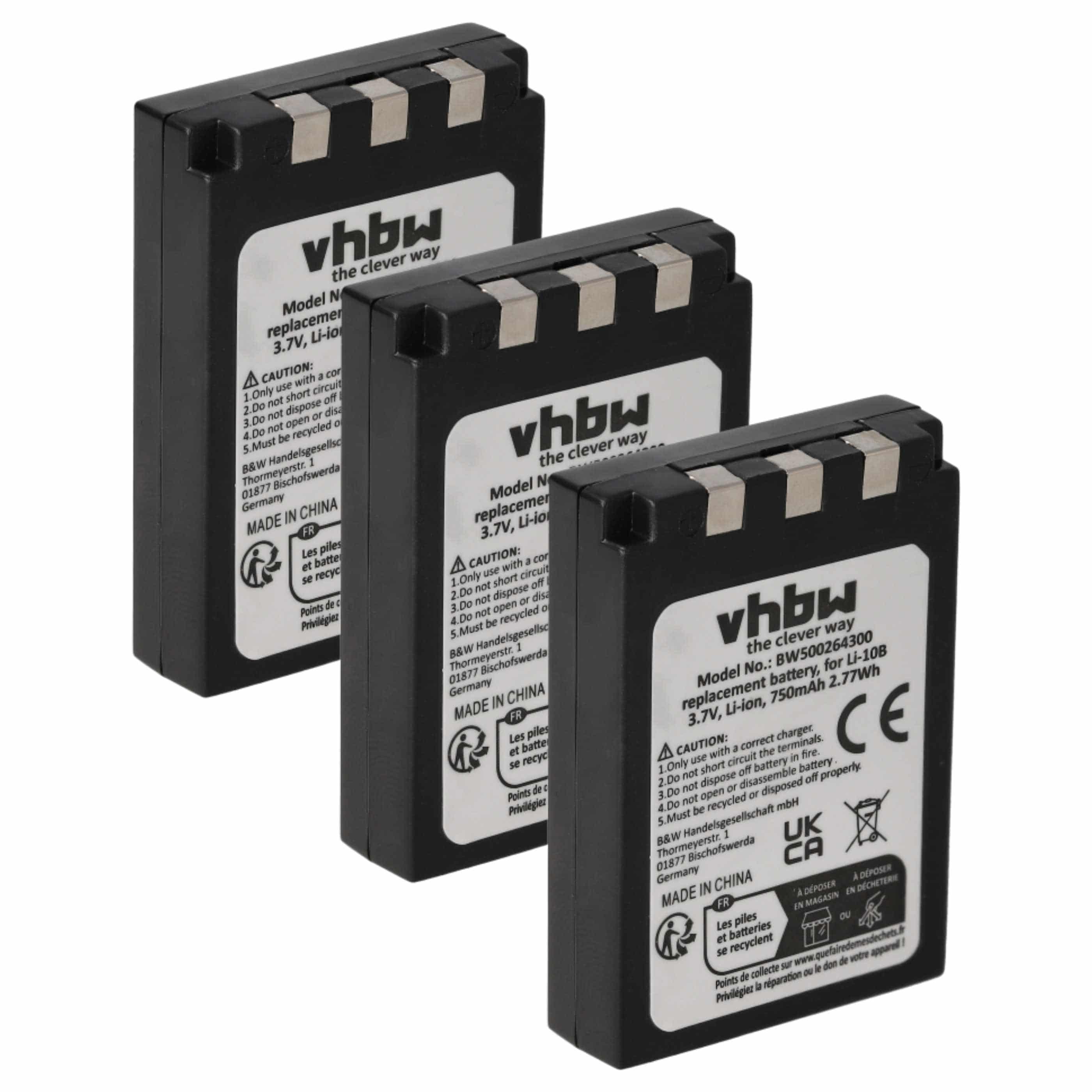 3x Battery replaces Olympus Li-12B, Li-10B - 750mAh, 3.7V, Li-Ion