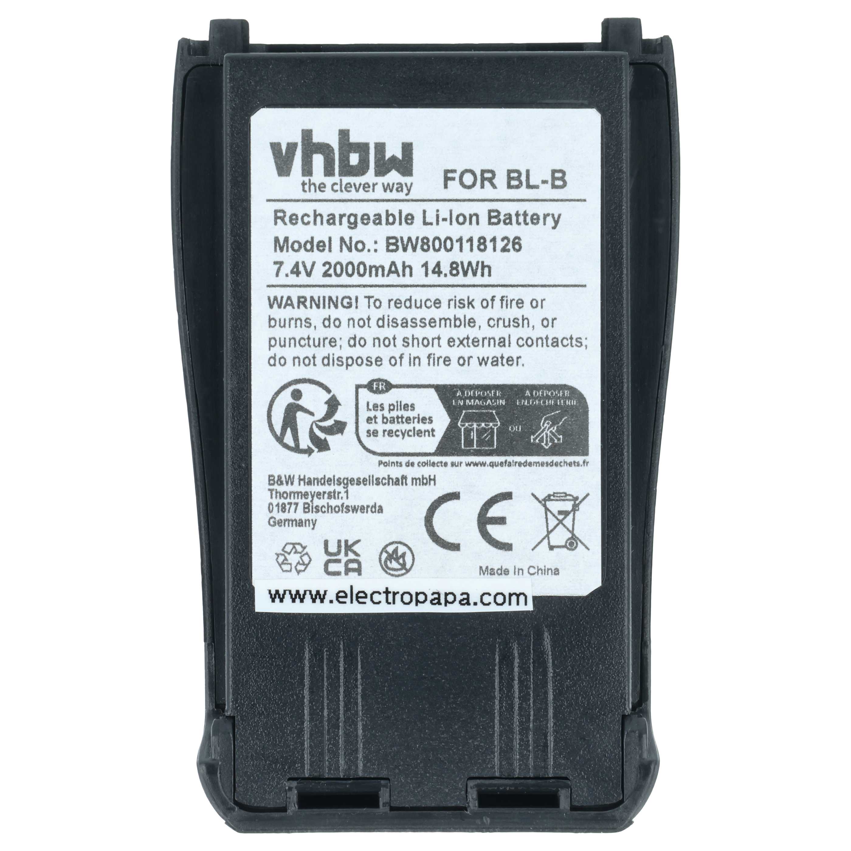 Radio 5x Battery replaces Baofeng BL-B - 2000 mAh 7.4 V Li-Ion