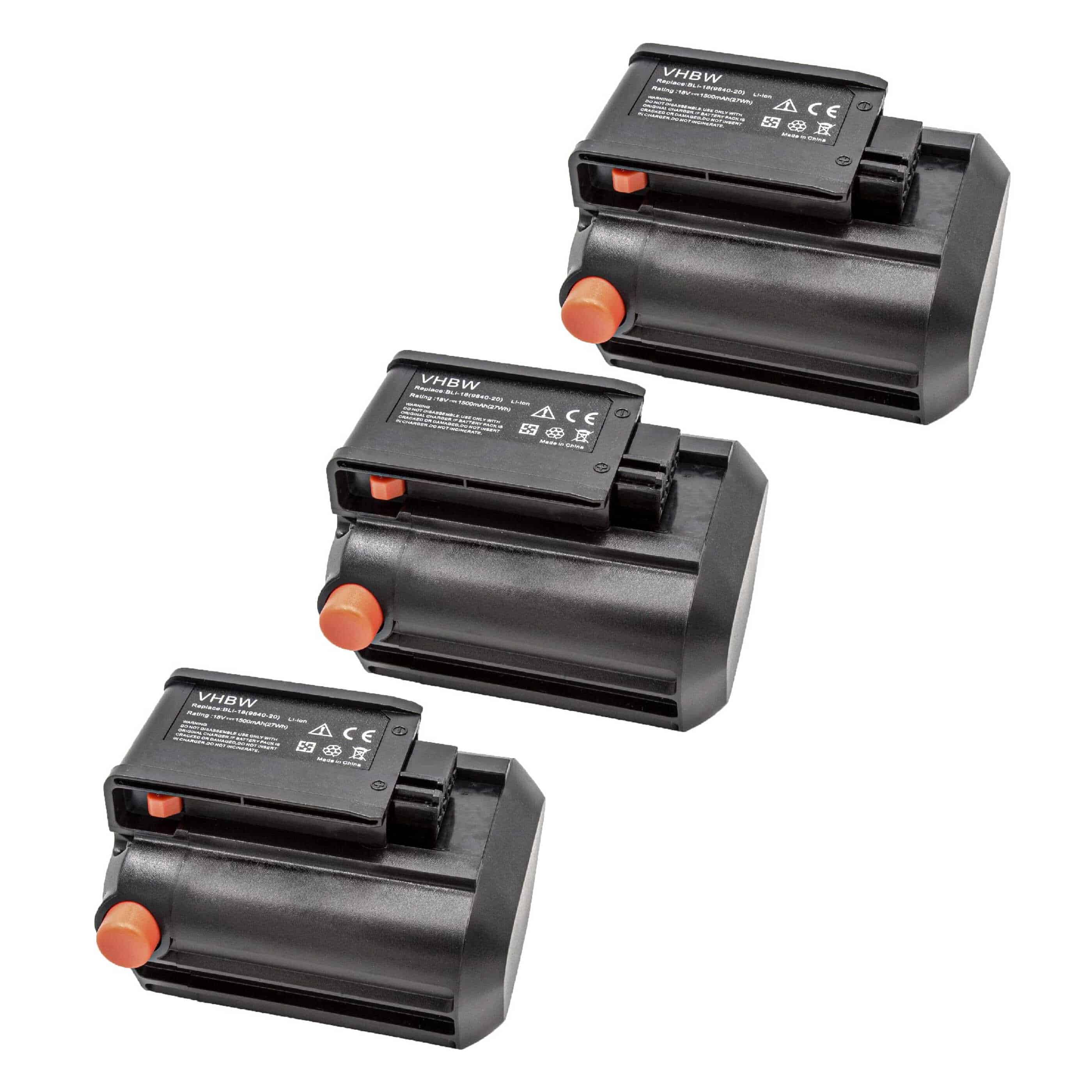 3x Battery replaces Gardena BLi-18, 9839-20, 9840-20 - 1500 mAh 18 V Li-Ion, black