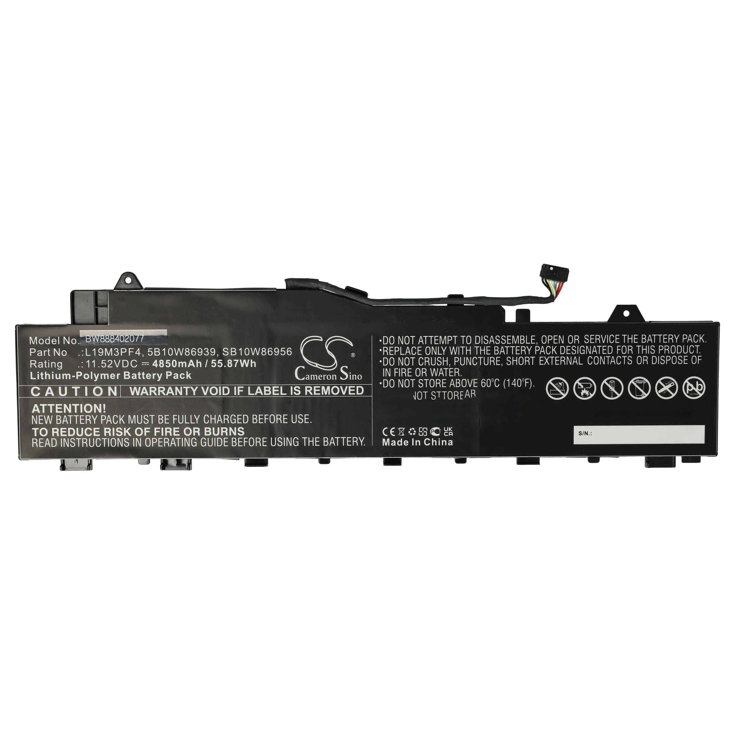 Batería reemplaza Lenovo SB10W86956, L19M3PF4, 5B10W86939 para notebook Lenovo - 4850 mAh 11,52 V Li-poli