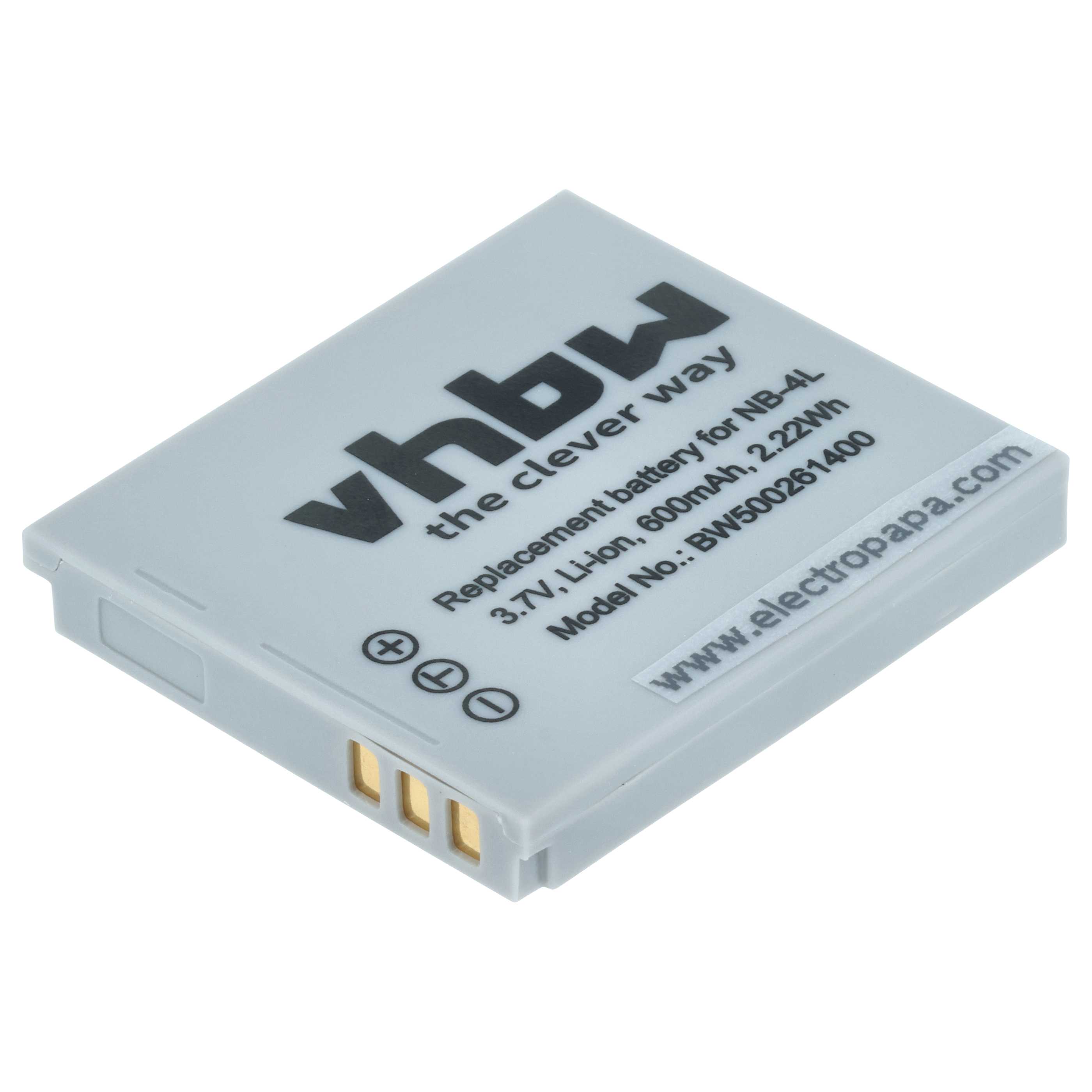 Batteria sostituisce Canon NB-4L per fotocamera - 600mAh 3,6V Li-Ion