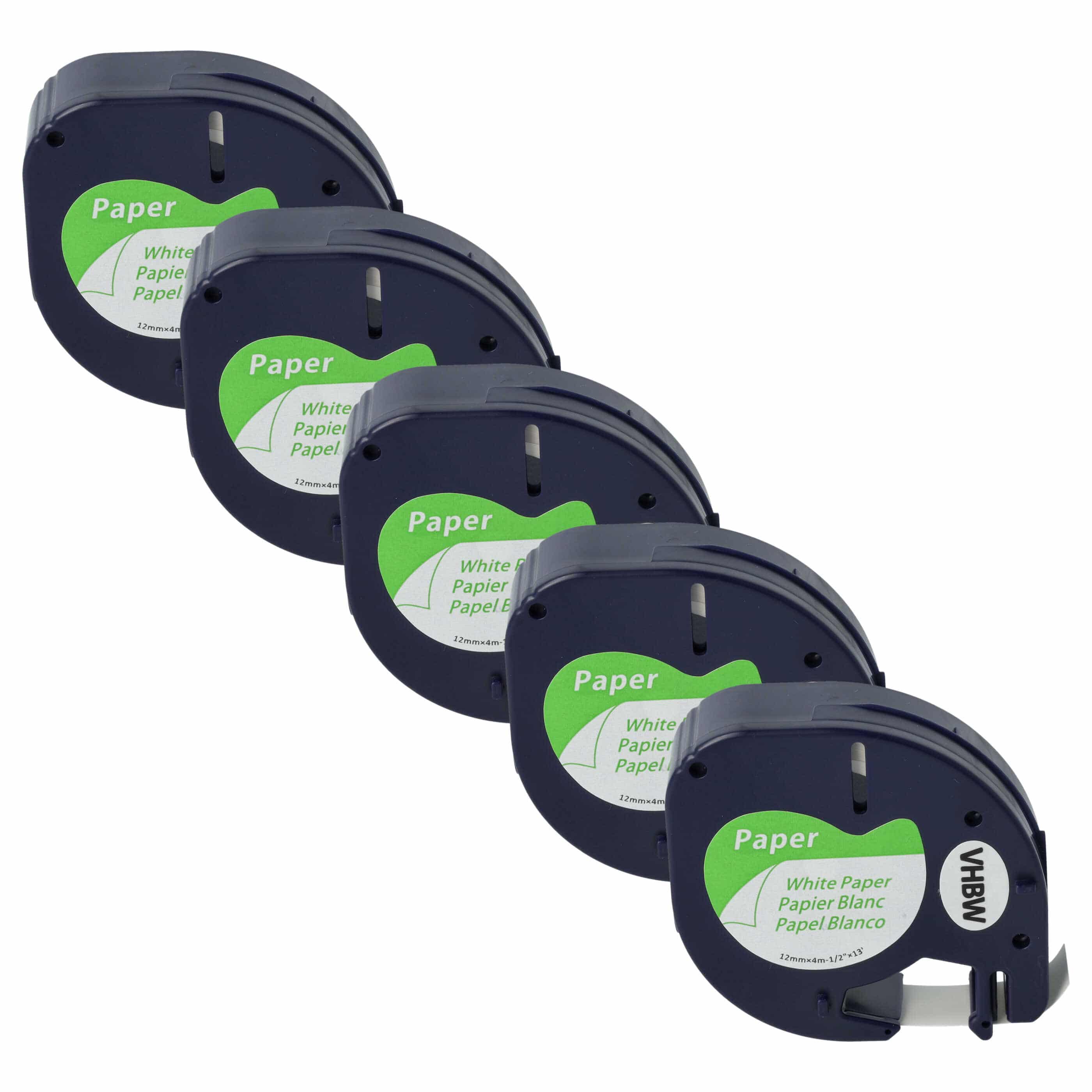 5x Label TapePaper replaces Dymo 91200, S0721520 - 12 mm Black to White