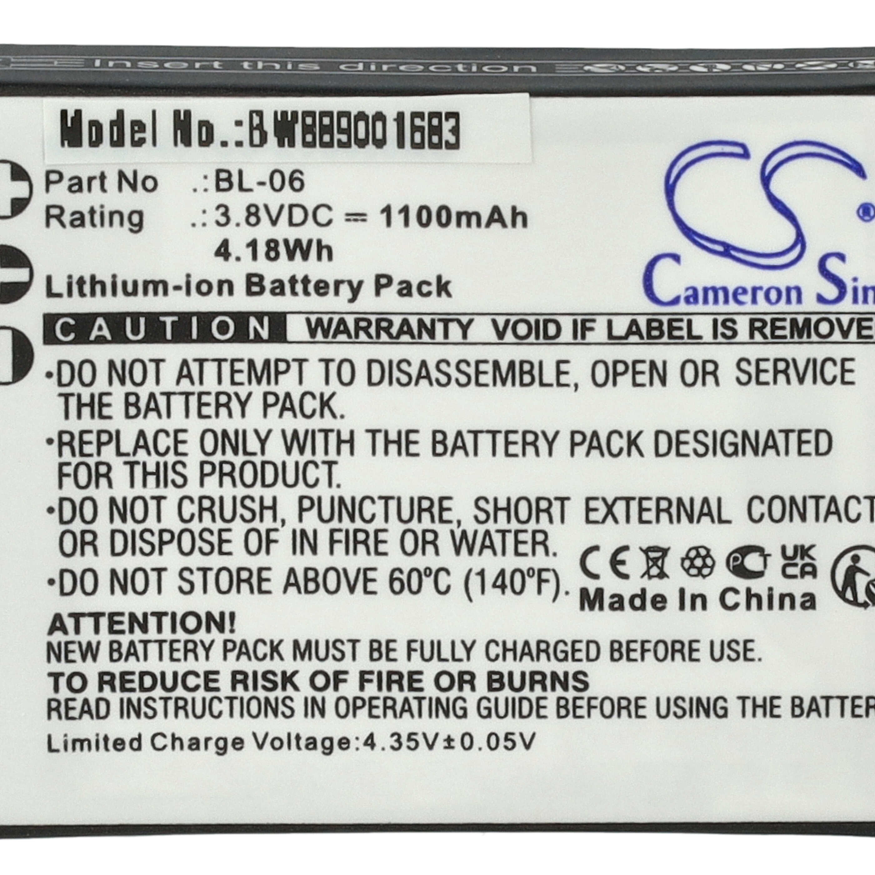 Battery replaces BL-06 - 1100mAh, 3.8V, Li-Ion