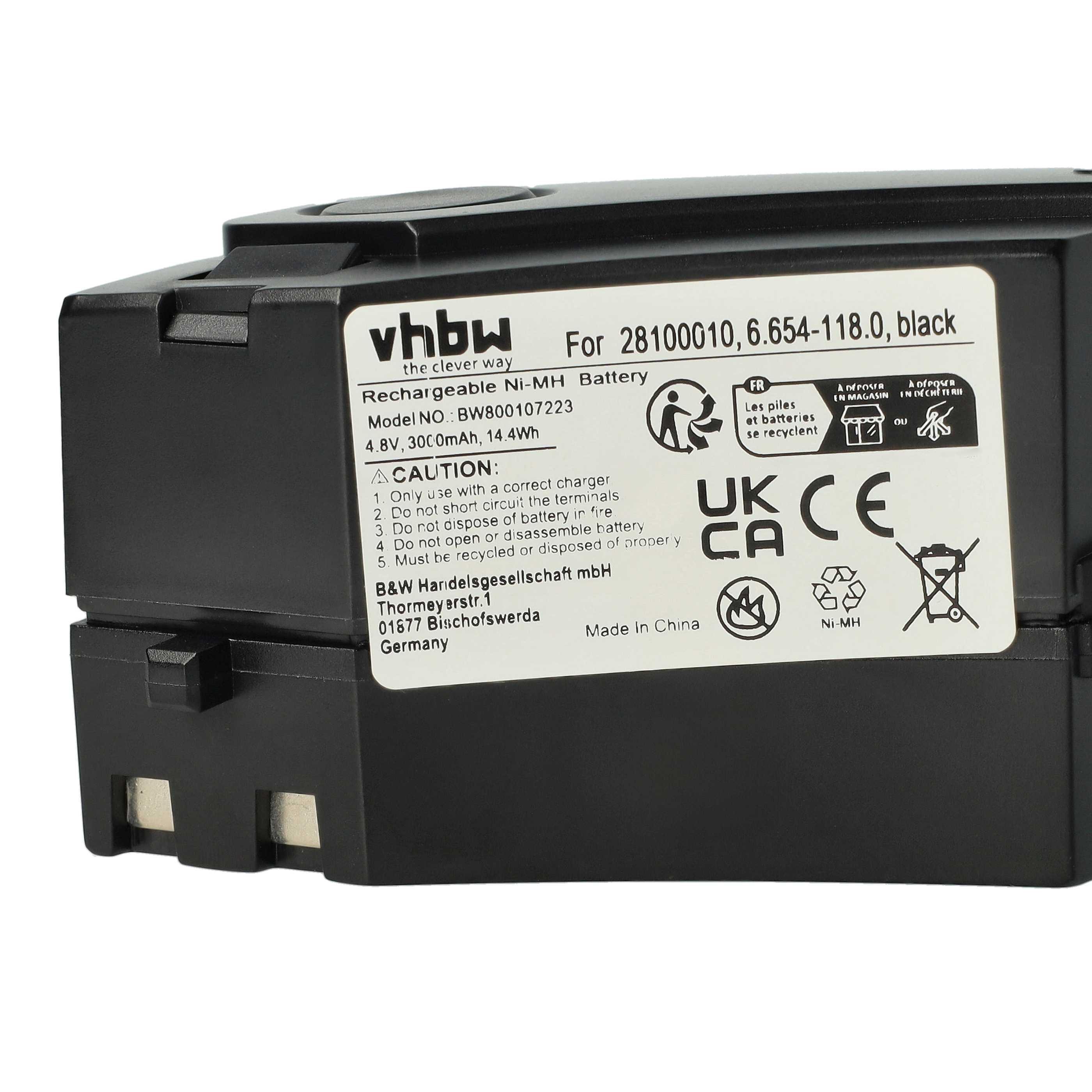 Batería reemplaza Kärcher 1.258-505.0, 2.810-001.0 para aspiradora Kärcher - 3000 mAh 4,8 V NiMH negro