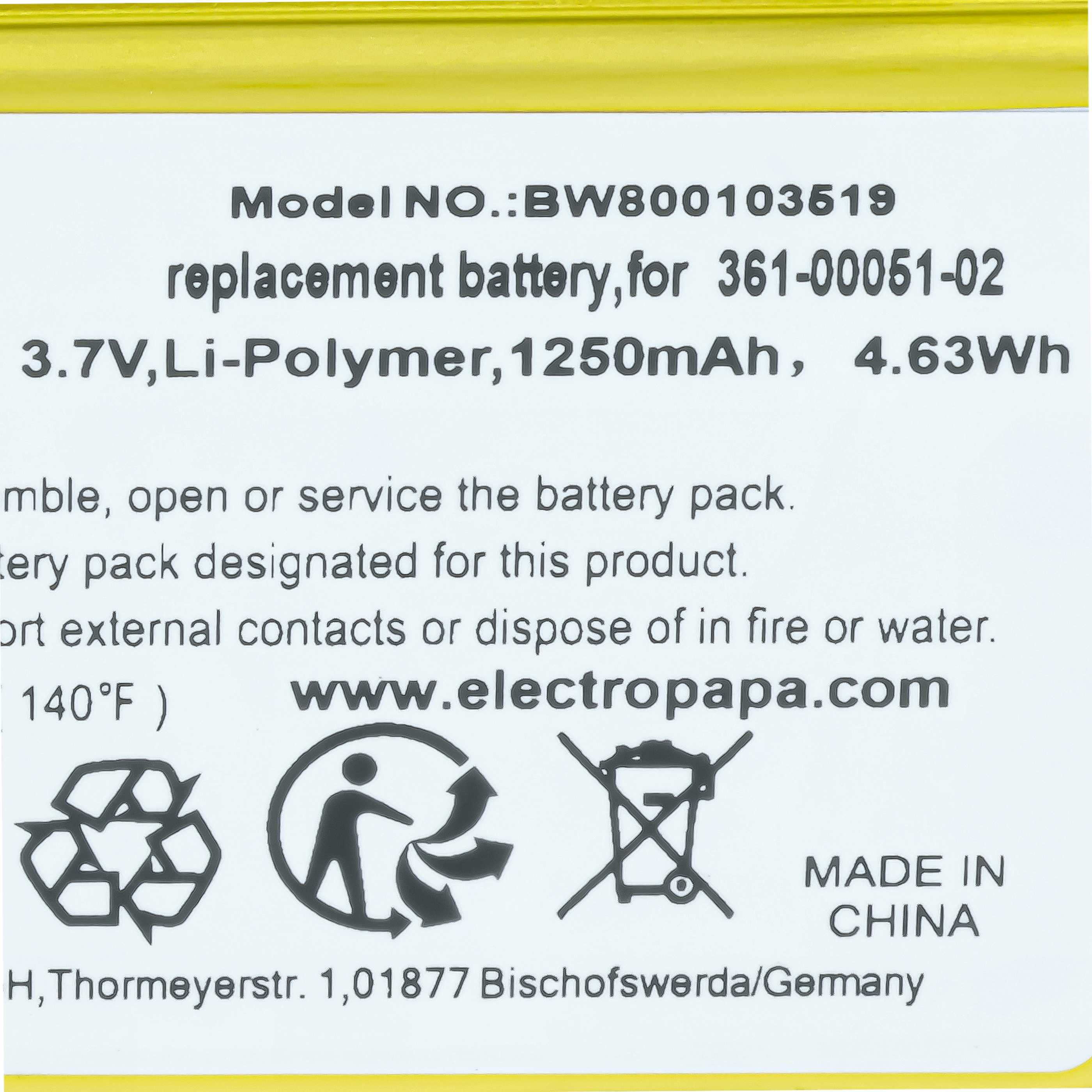 Batteria sostituisce Garmin 361-00051-02, 361-00051-01, 361-00051-00 per navigatore - 1250mAh 3,7V Li-Poly