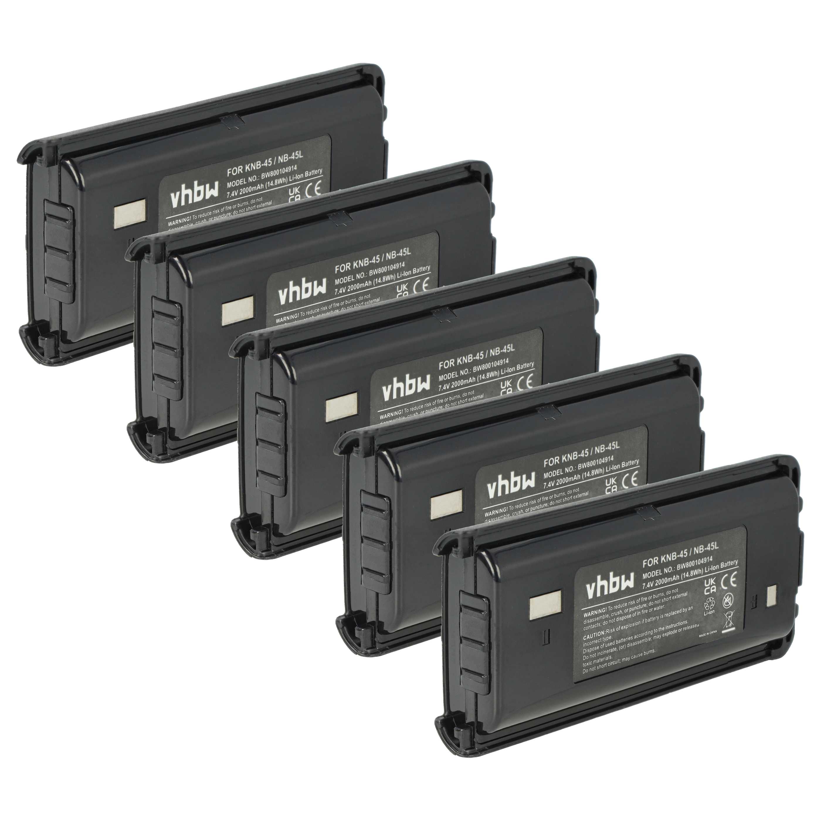 5x Batteria sostituisce Kenwood KNB-45, KNB-45L, KNB-45Li per dispositivo radio - 2000mAh 7,4V Li-Ion