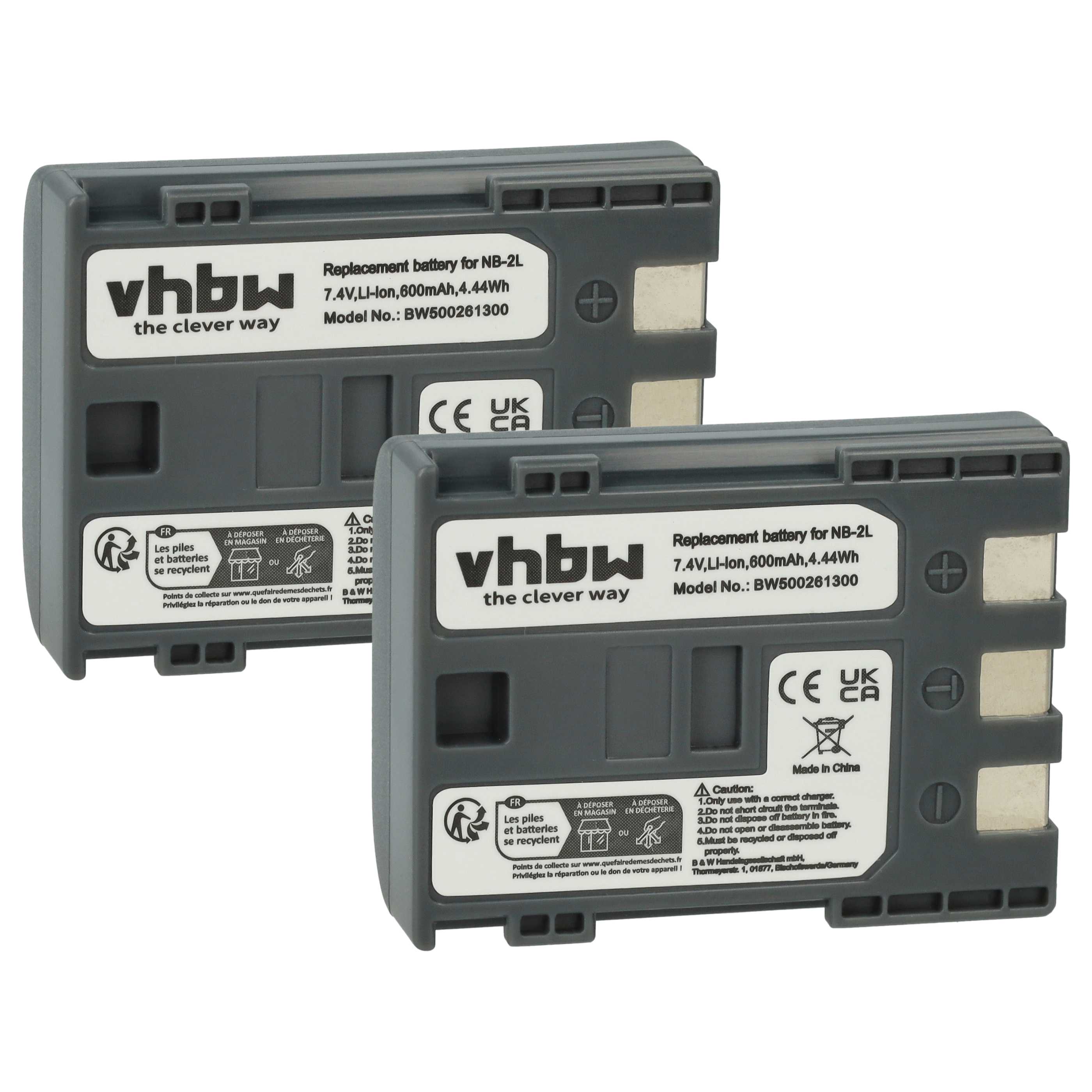 Batteries (2x pièces) remplace Canon NB-2LH, NB-2L pour caméscope - 600mAh 7,2V Li-ion