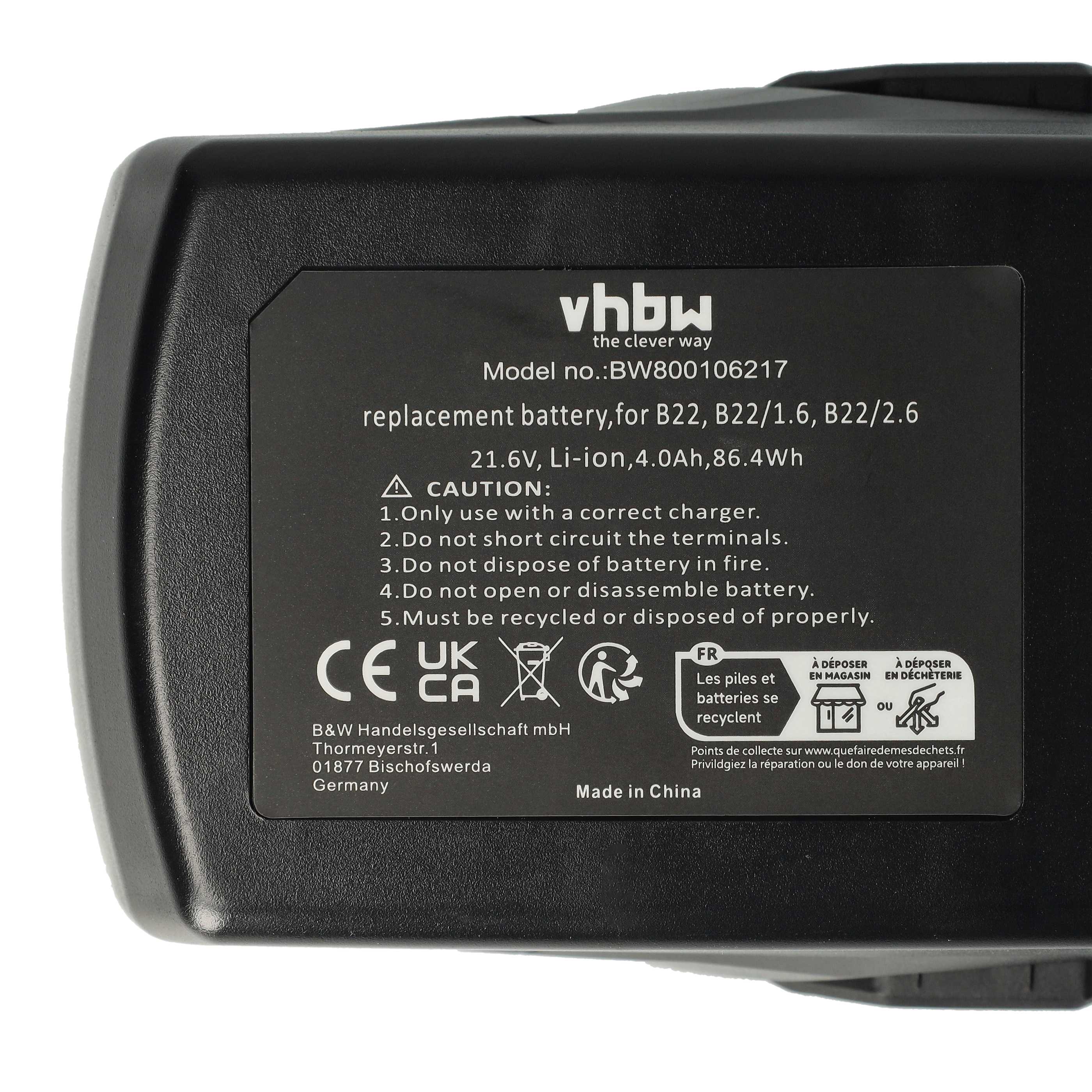 Battery replaces Hilti 2018498, 2136393, 2136395, 2183185 Electric Power Tool - 4000 mAh, 21.6 V, Li-Ion