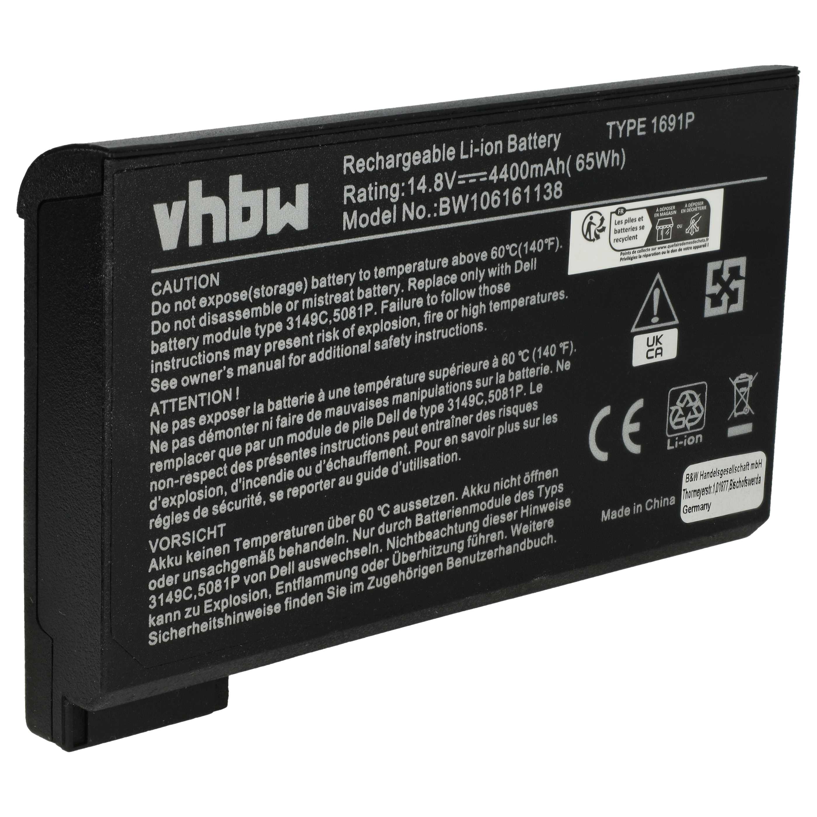 Batteria sostituisce Dell 1691P, 312-0009, 312-3250, 312-0028, 3149C per notebook - 4400mAh 14,8V Li-Ion nero