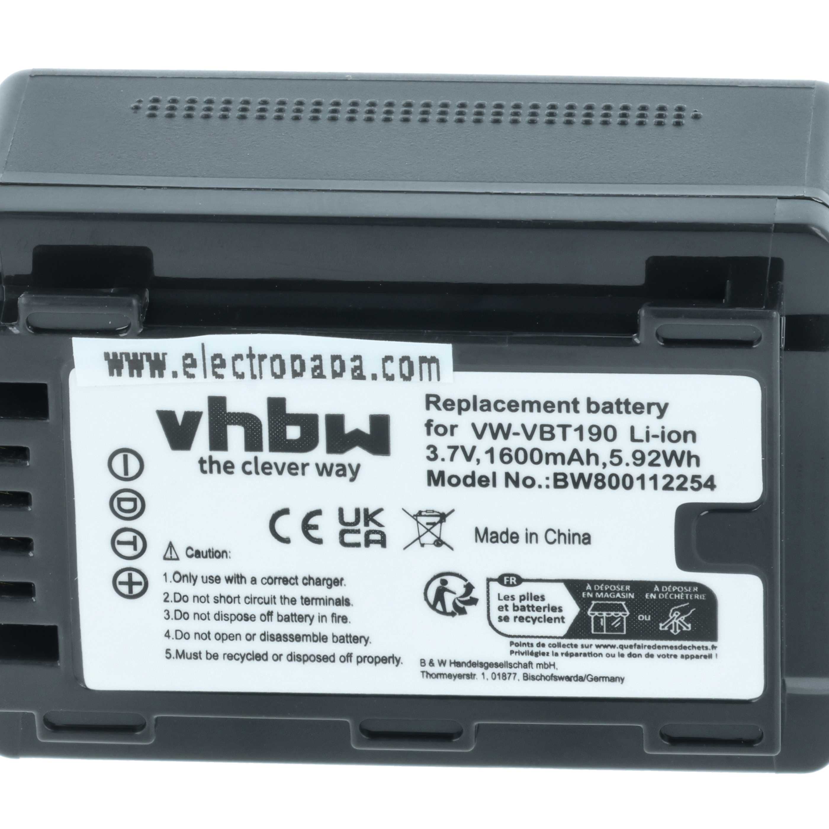 Videocamera Battery replaces Panasonic VW-VBT190 - 1600 mAh 3.6 V Li-Ion