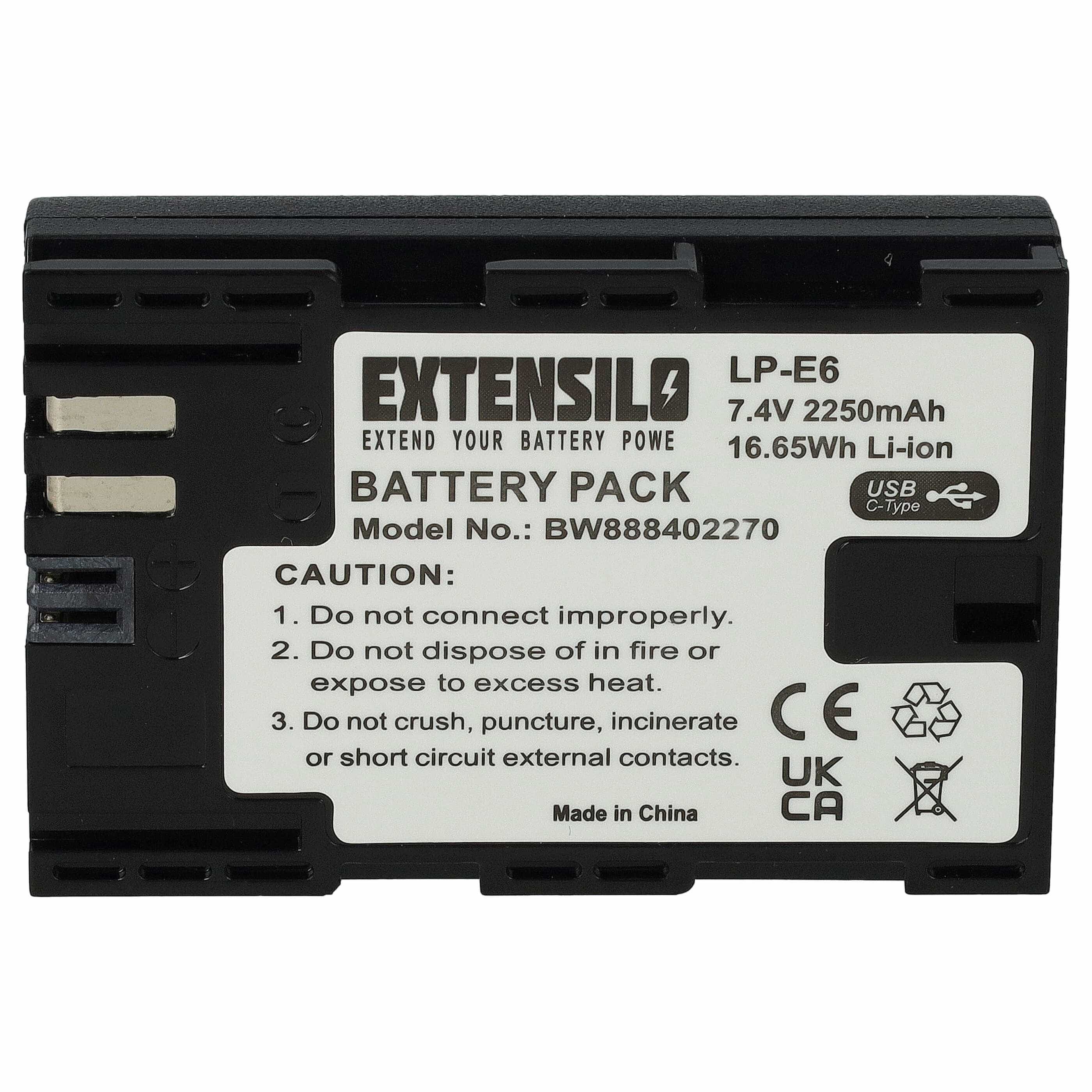 2x Battery replaces Canon LP-E6 - 2250mAh, 7.4V, Li-Ion, with USB C Socket