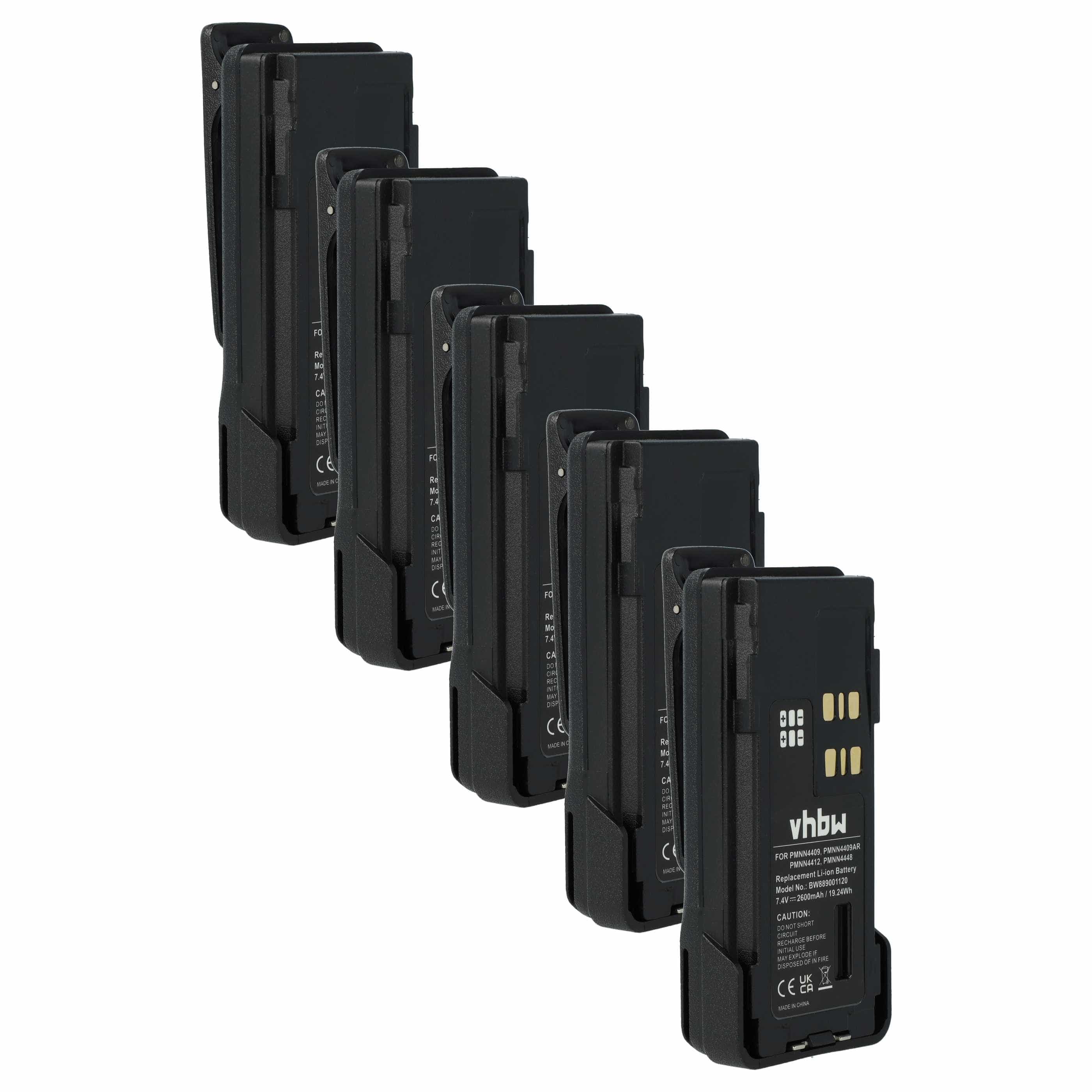 Radio 5x Battery replaces Motorola PMNN4406, PMNN4406BR, PMNN4409 - 2600 mAh 7.4 V Li-Ion + Belt Clip