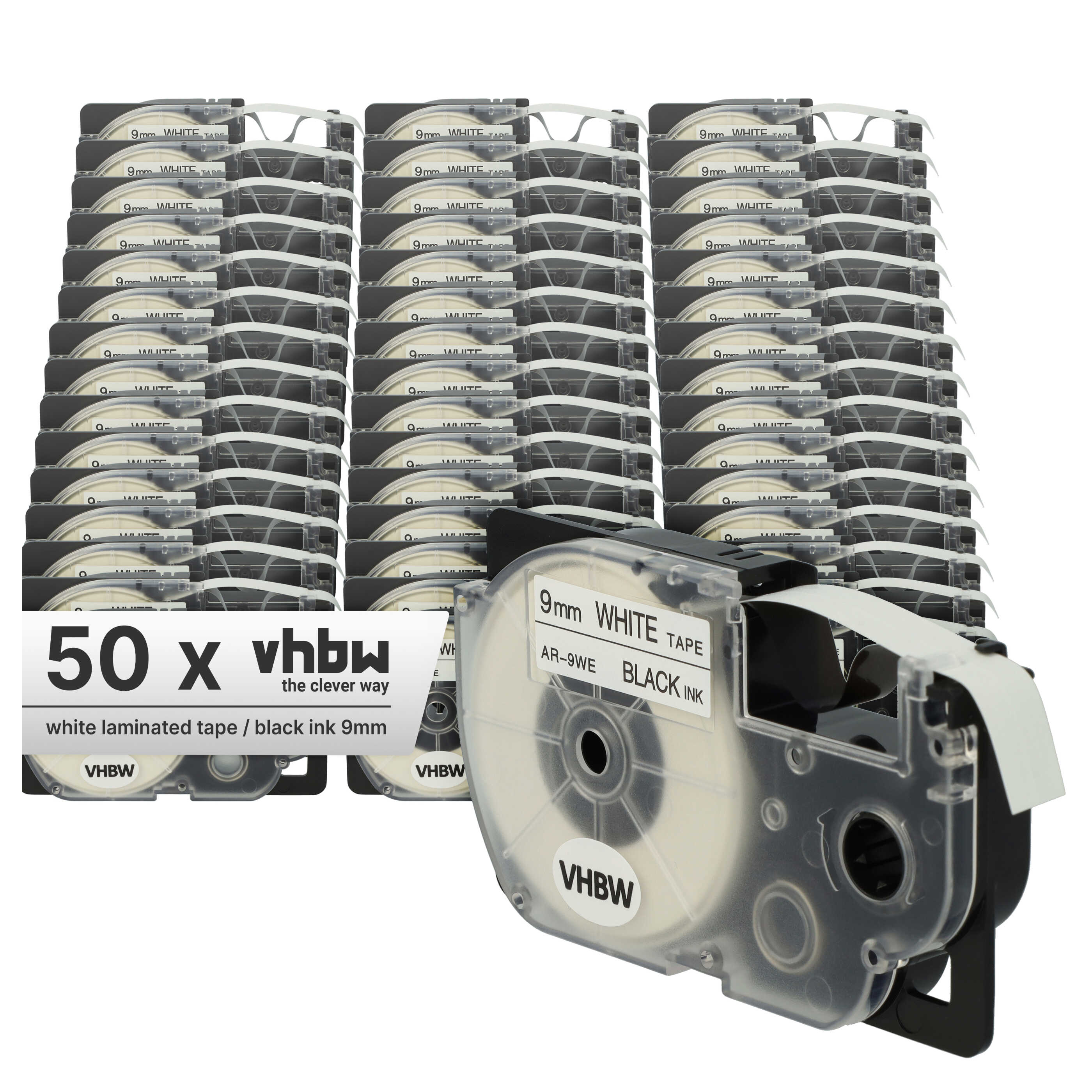 50x Label Tape replaces Casio XR-9WE1, XR-9WE - 9 mm Black to White