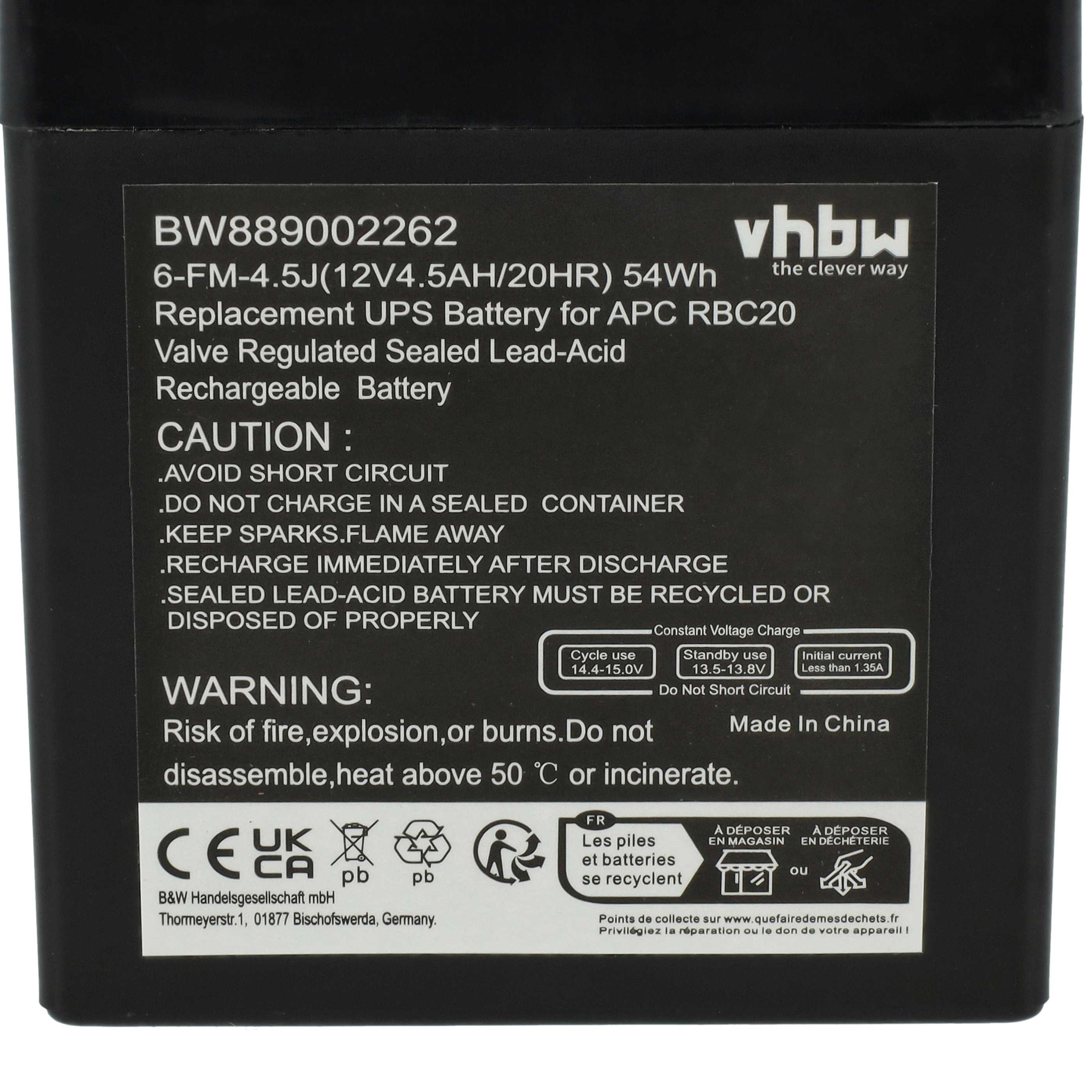 Batterie (2 pcs.) remplace APC RBC20 ASI - 4500mAh 12V AGM