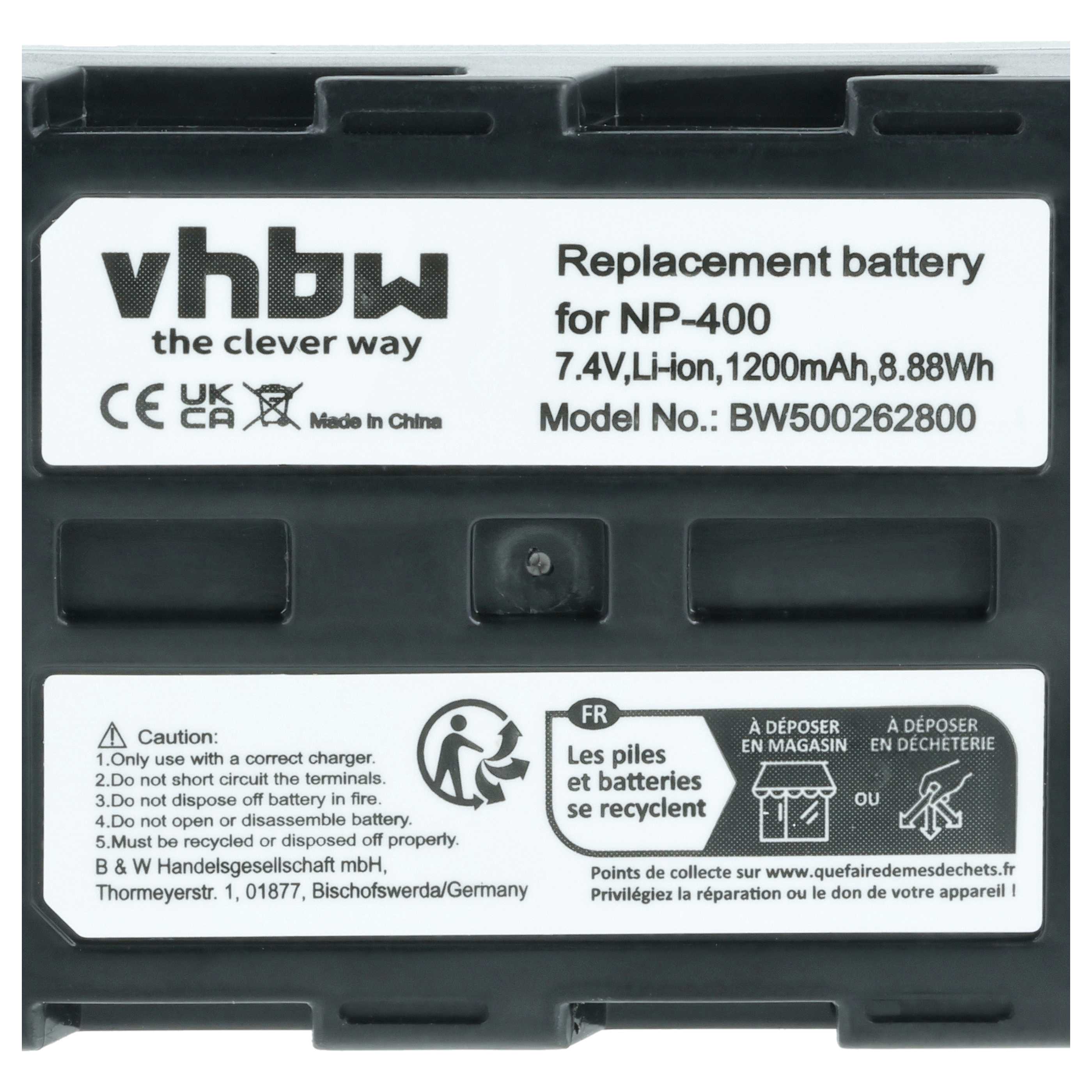Battery replaces Konica Minolta NP-400 - 1200mAh, 7.2V, Li-Ion